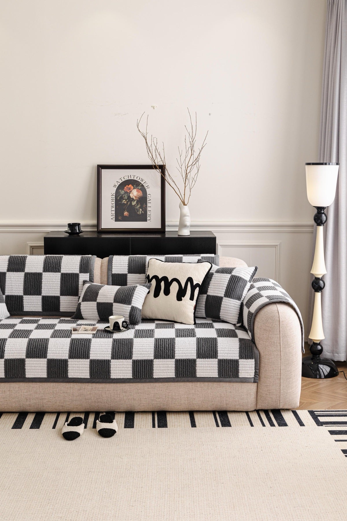 Decor Cedar Palermo Checker Chenille Sofa Cover Piece in Charcoal Cream - styled checker sofa cover piece for checker chenille sofa cover pieces in United States, image 44