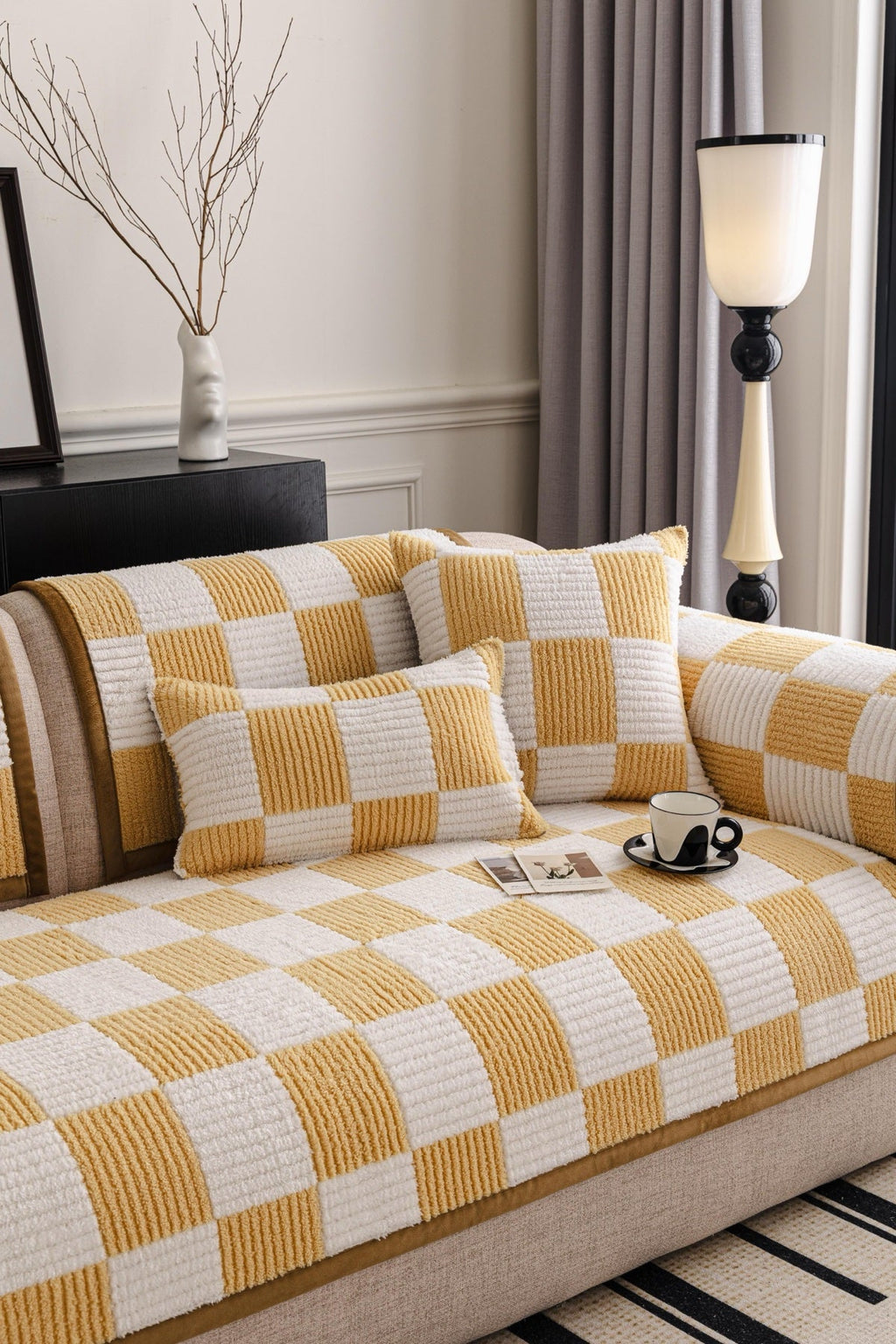 Decor Cedar Palermo Checker Chenille Sofa Cover Piece in Honey Cream - styled checker sofa cover piece for checker chenille sofa cover pieces in United States, image 30