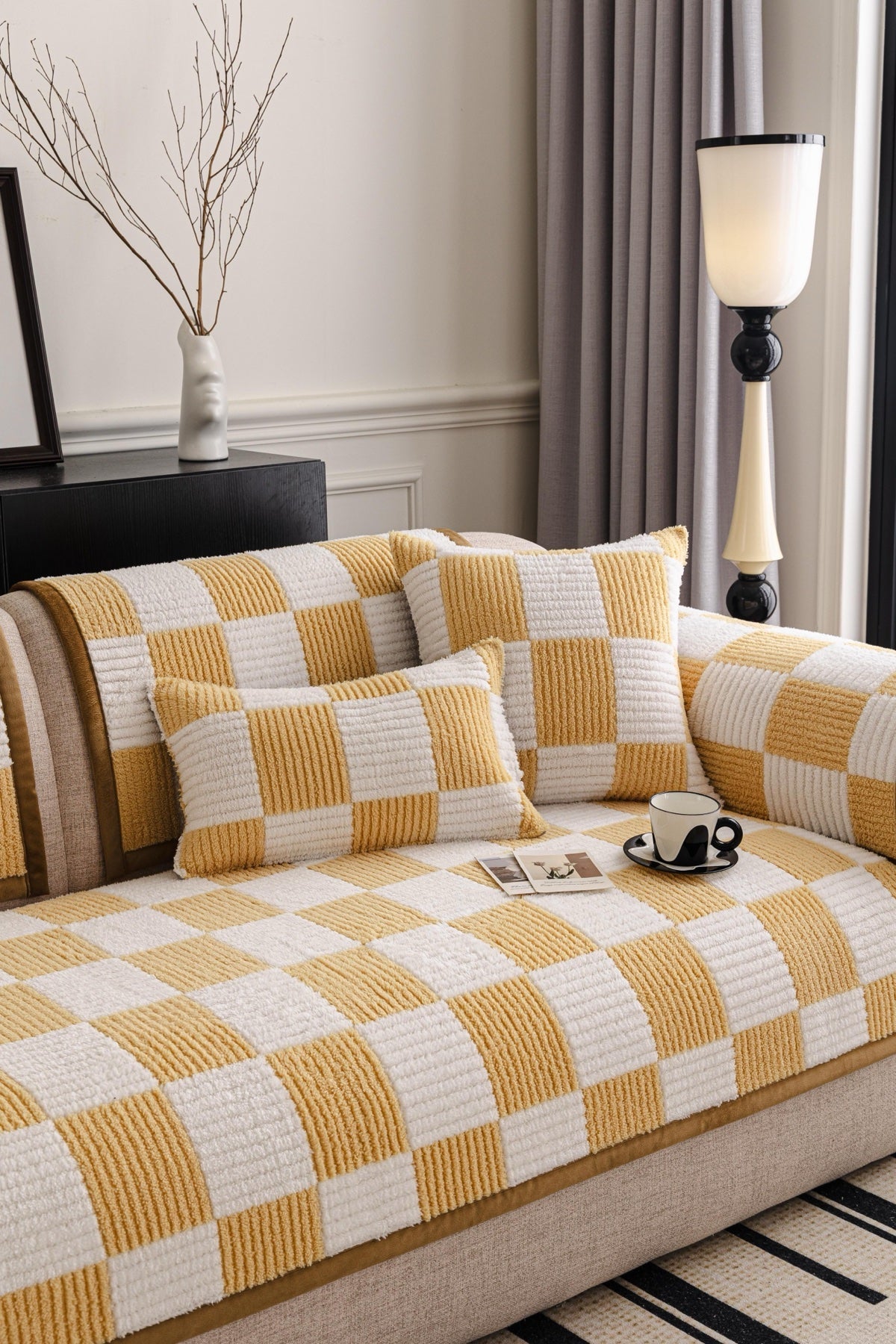 Decor Cedar Palermo Checker Chenille Sofa Cover Piece in Honey Cream - styled checker sofa cover piece for checker chenille sofa cover pieces in United States, image 30