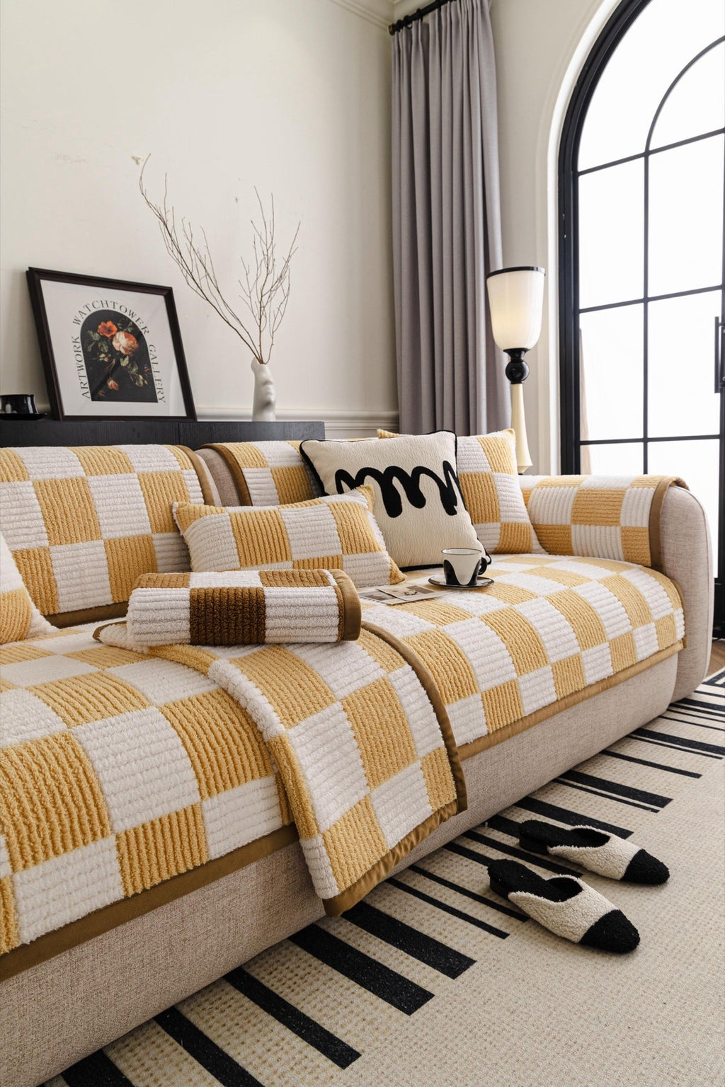 Decor Cedar Palermo Checker Chenille Sofa Cover Piece in Honey Cream - layered piece styling view for checker chenille sofa cover pieces in United States, image 32