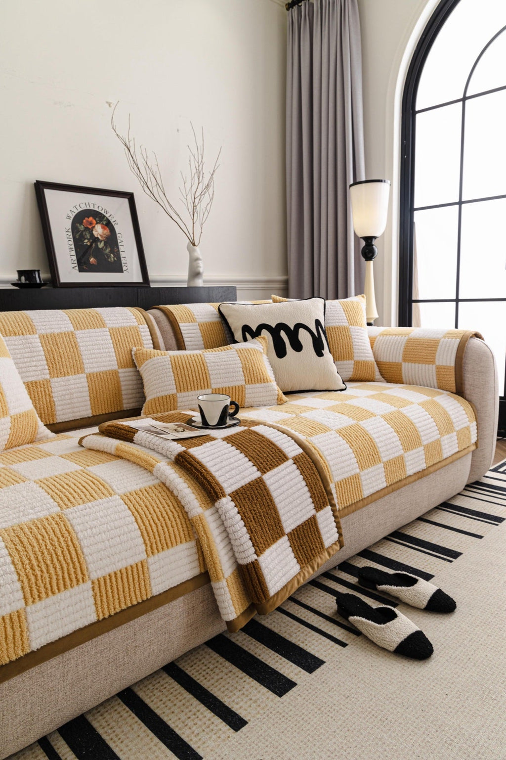Decor Cedar Palermo Checker Chenille Sofa Cover Piece in Honey Cream - layered piece styling view for checker chenille sofa cover pieces in United States, image 33
