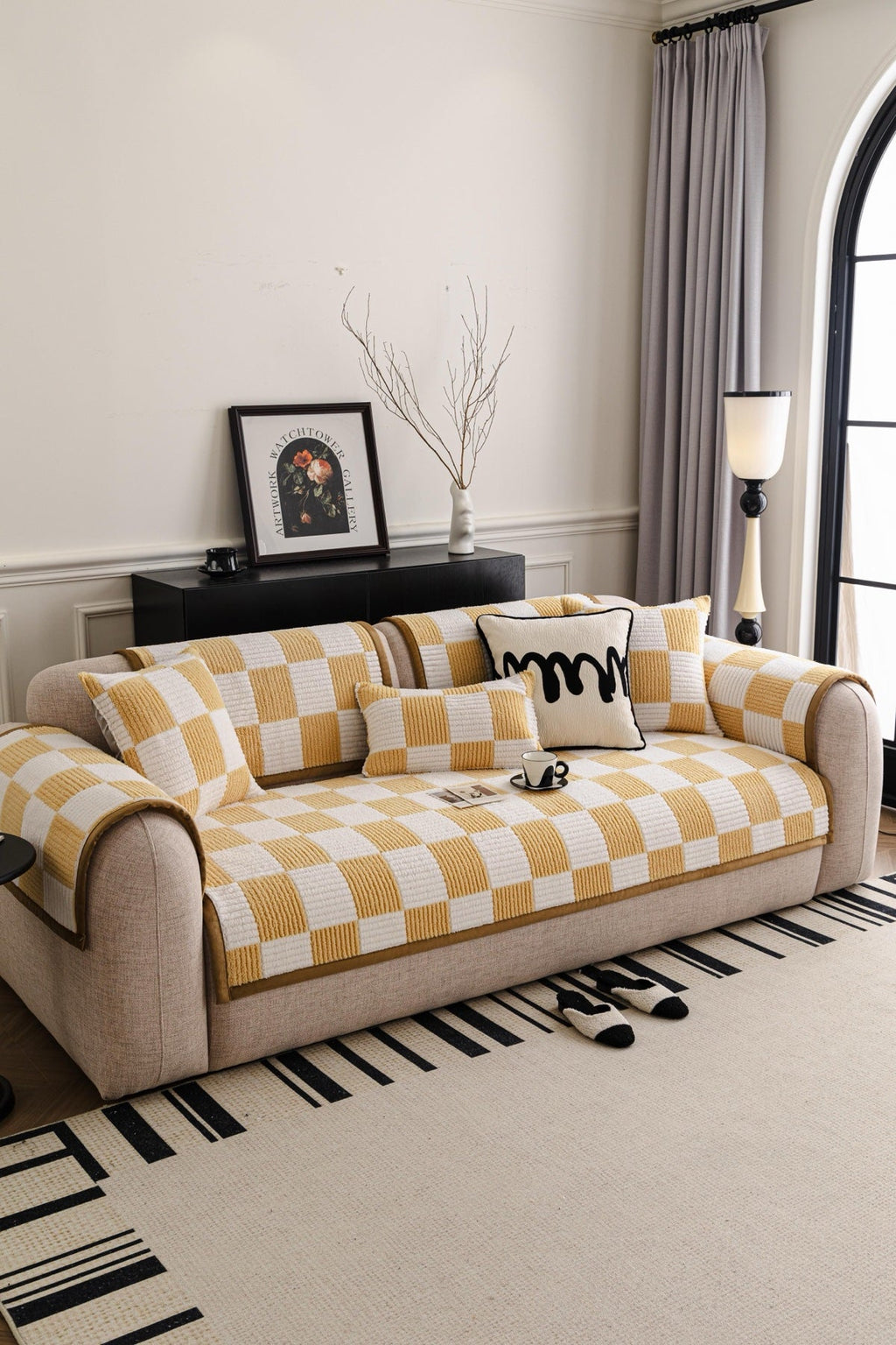 Decor Cedar Palermo Checker Chenille Sofa Cover Piece in Honey Cream - front sofa fit view for checker chenille sofa cover pieces in United States, image 26