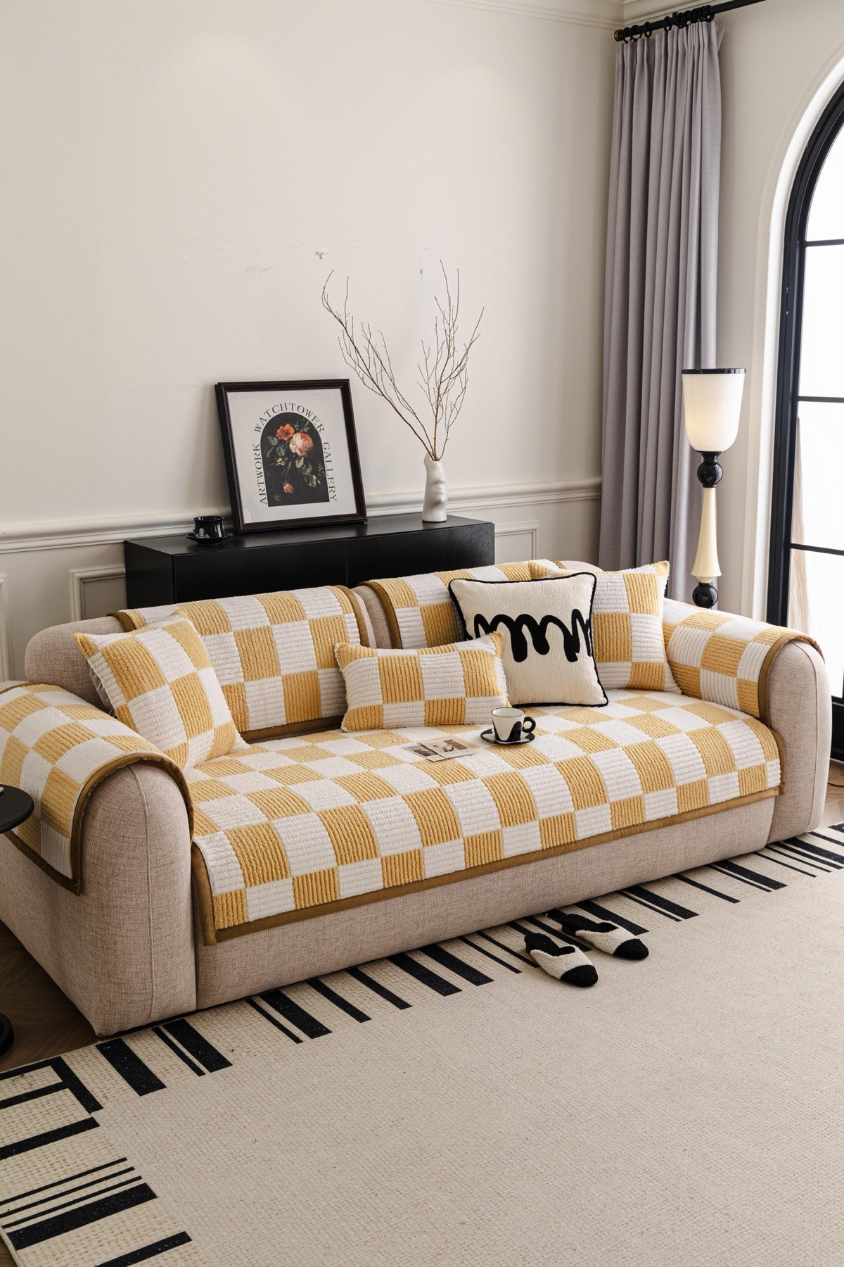 Decor Cedar Palermo Checker Chenille Sofa Cover Piece in Honey Cream - front sofa fit view for checker chenille sofa cover pieces in United States, image 26