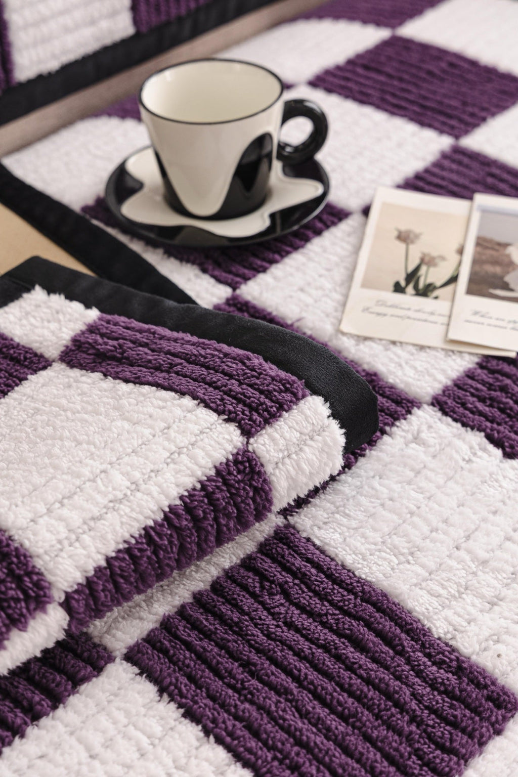 Decor Cedar Palermo Checker Chenille Sofa Cover Piece in Plum Cream - checker chenille fabric and edge detail for checker chenille sofa cover pieces in United States, image 11