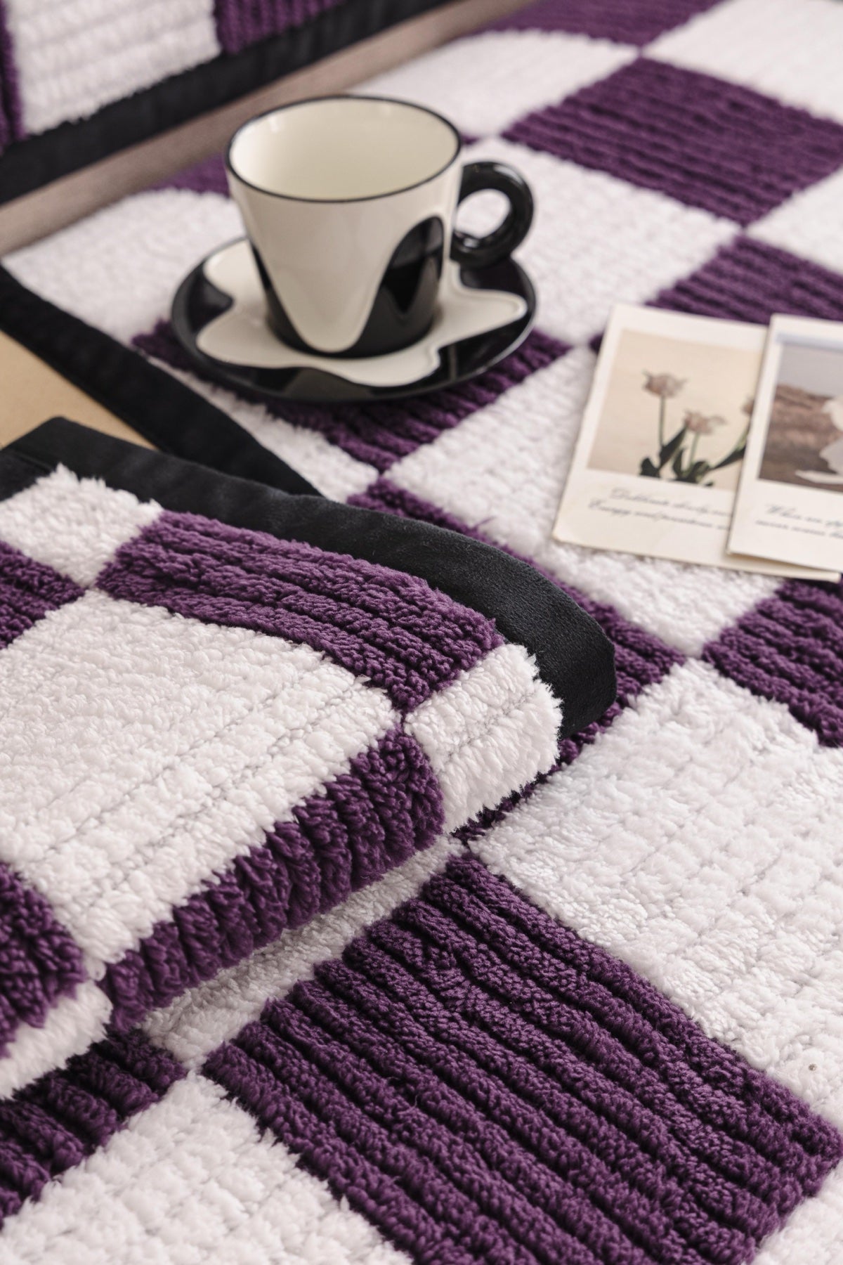 Decor Cedar Palermo Checker Chenille Sofa Cover Piece in Plum Cream - checker chenille fabric and edge detail for checker chenille sofa cover pieces in United States, image 11