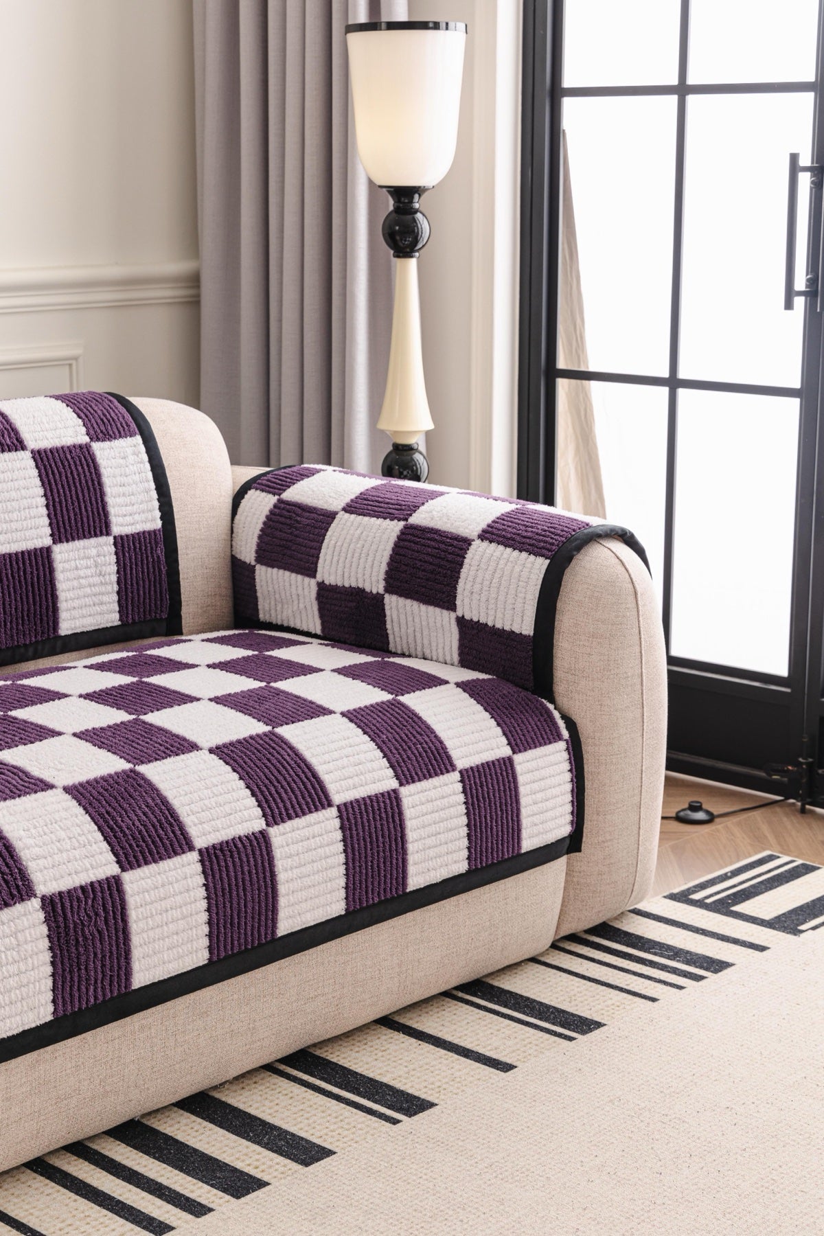 Decor Cedar Palermo Checker Chenille Sofa Cover Piece in Plum Cream - seat back and armrest piece layout for checker chenille sofa cover pieces in United States, image 5