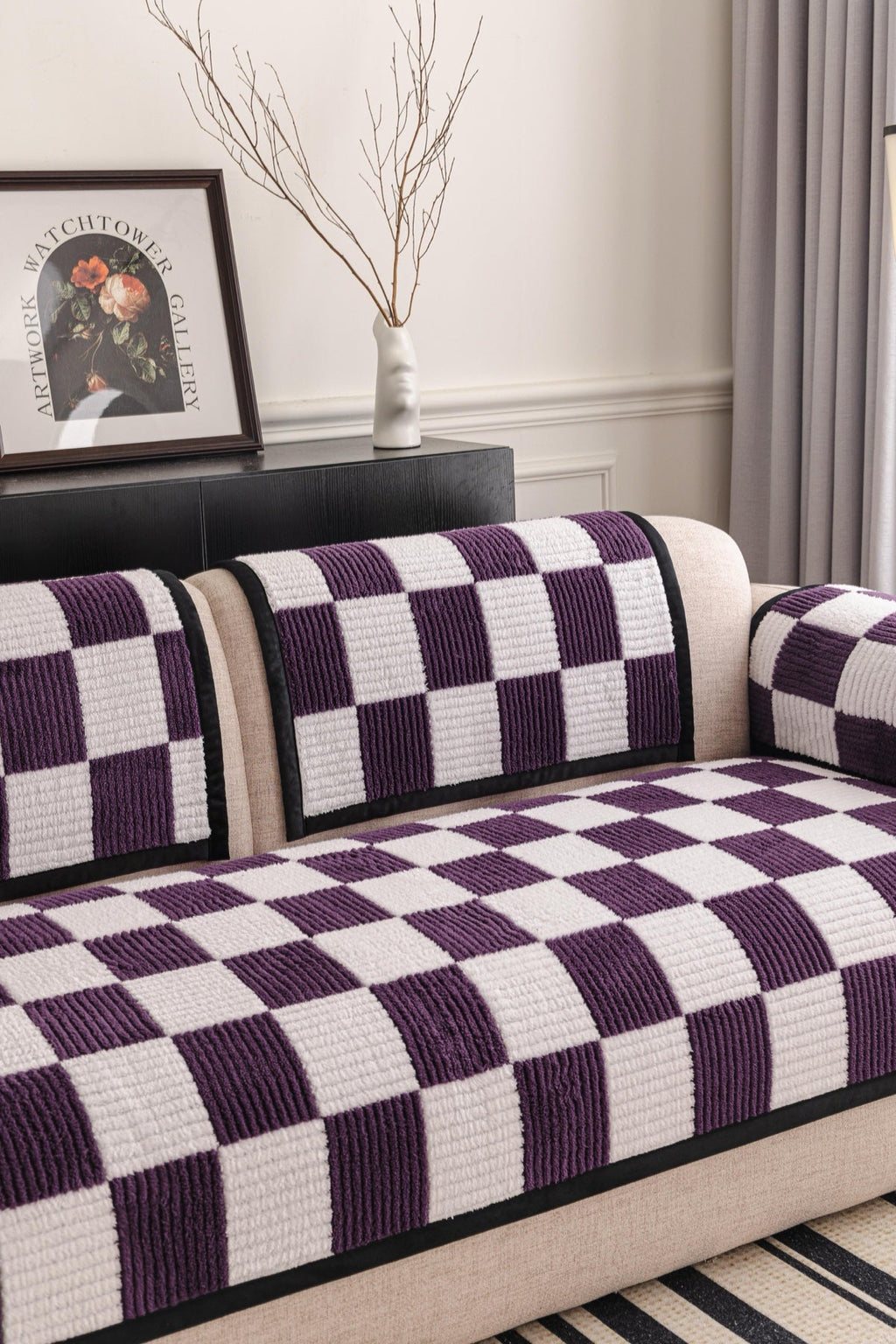 Decor Cedar Palermo Checker Chenille Sofa Cover Piece in Plum Cream - styled checker sofa cover piece for checker chenille sofa cover pieces in United States, image 6