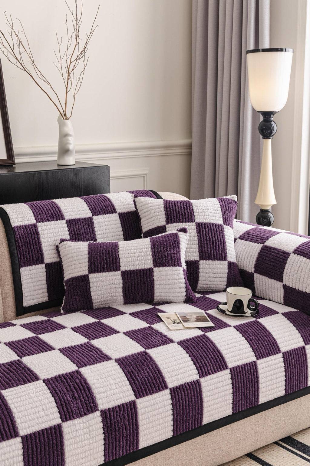 Decor Cedar Palermo Checker Chenille Sofa Cover Piece in Plum Cream - styled checker sofa cover piece for checker chenille sofa cover pieces in United States, image 7