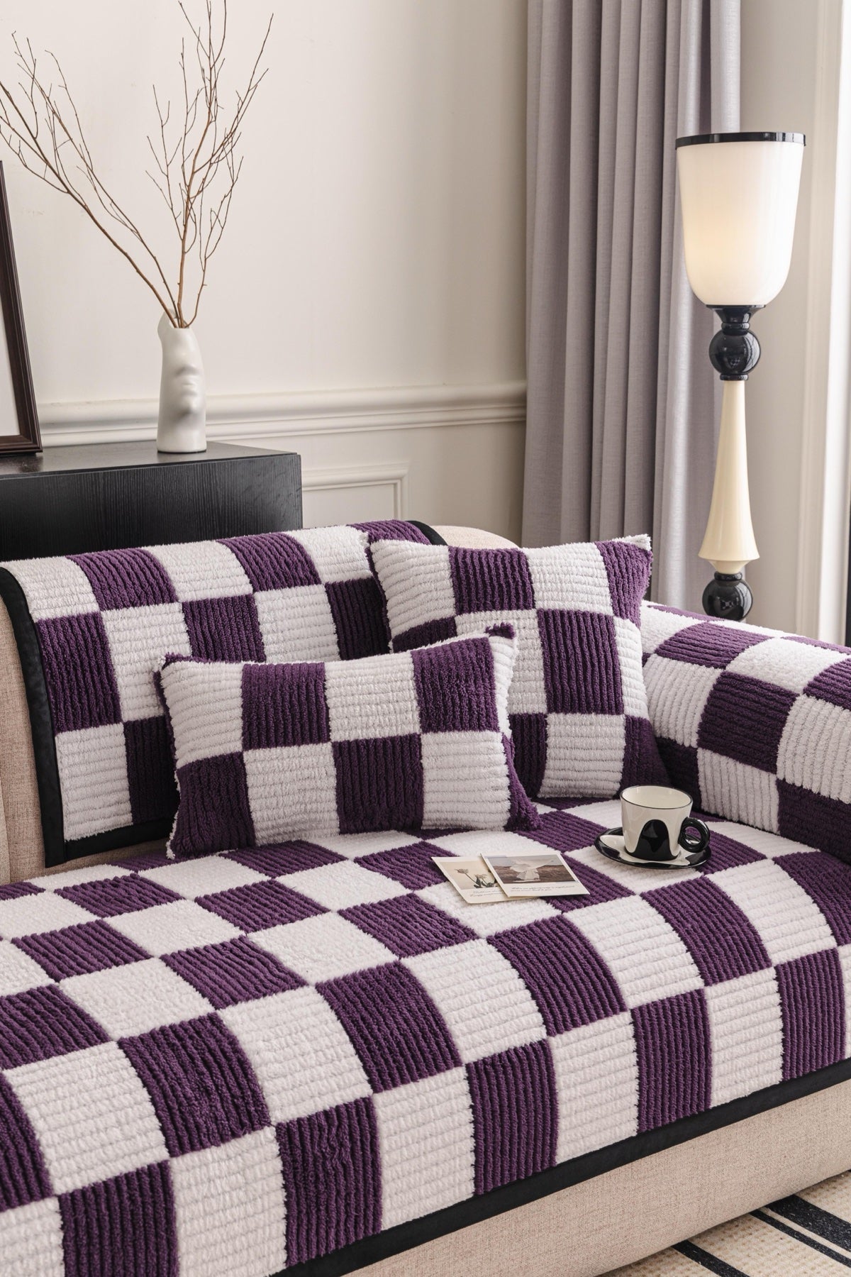 Decor Cedar Palermo Checker Chenille Sofa Cover Piece in Plum Cream - styled checker sofa cover piece for checker chenille sofa cover pieces in United States, image 7