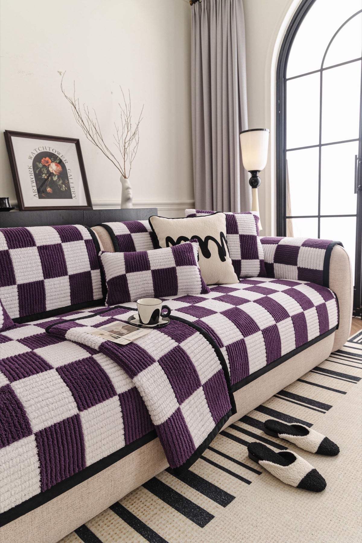 Decor Cedar Palermo Checker Chenille Sofa Cover Piece in Plum Cream - front sofa fit view for checker chenille sofa cover pieces in United States, image 1