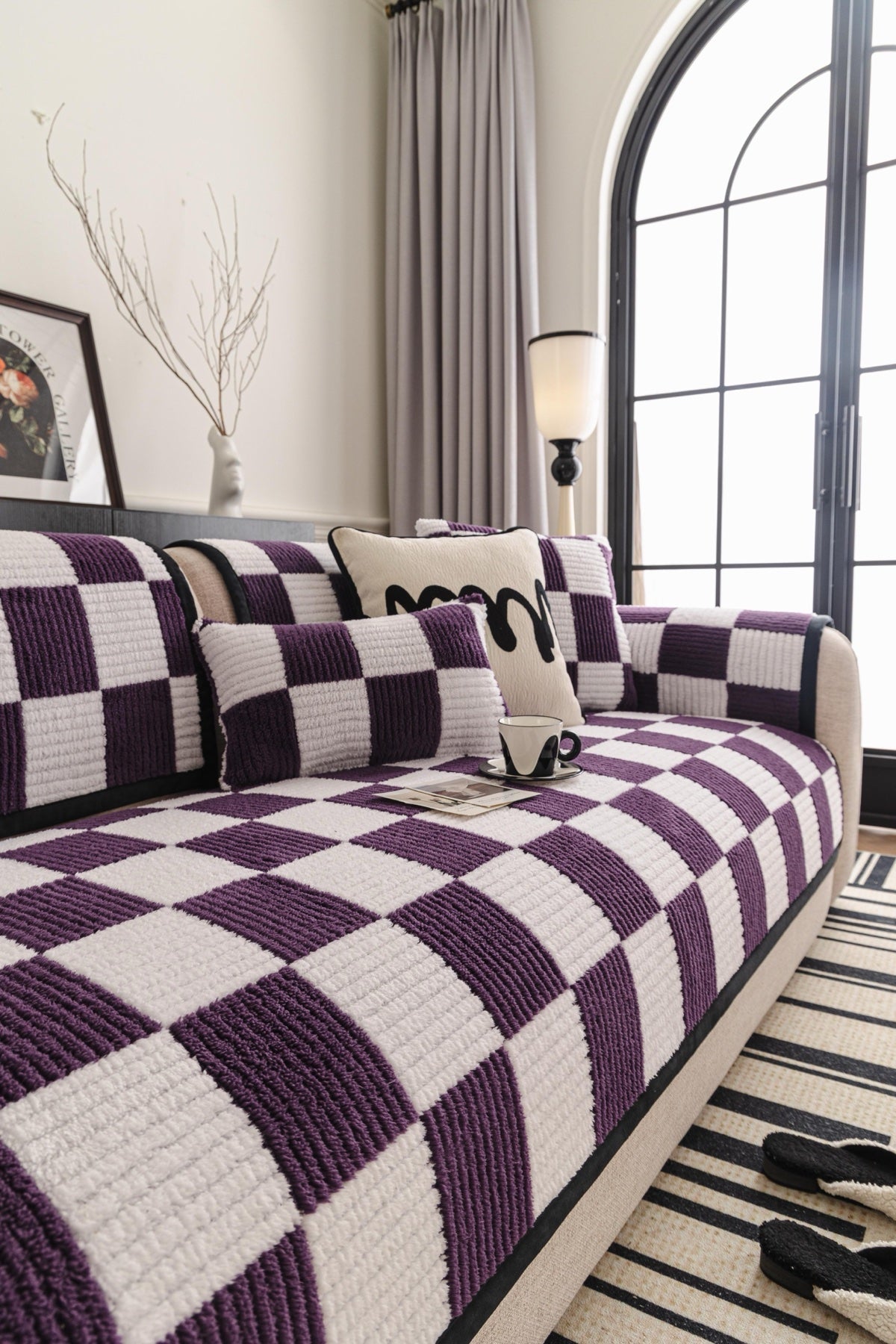 Decor Cedar Palermo Checker Chenille Sofa Cover Piece in Plum Cream - styled checker sofa cover piece for checker chenille sofa cover pieces in United States, image 8