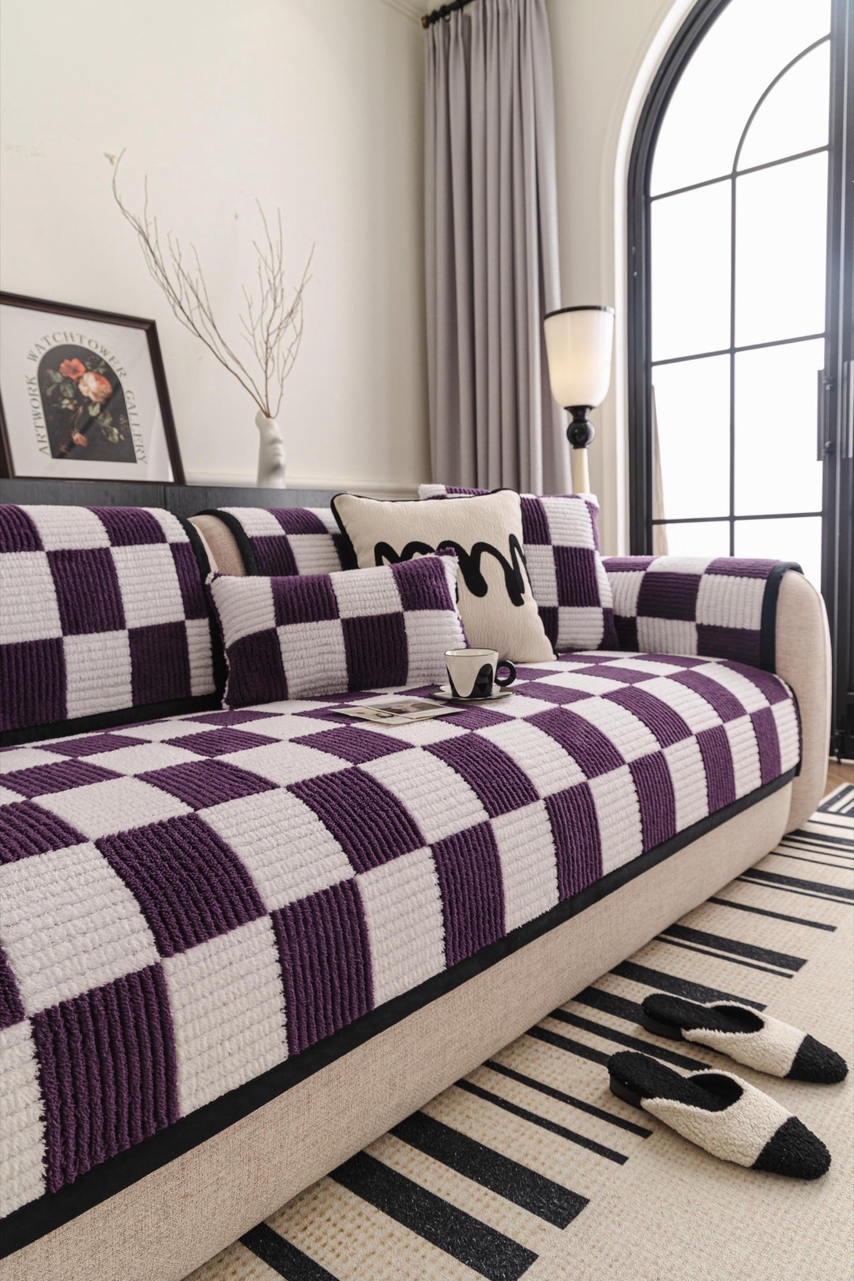 Decor Cedar Palermo Checker Chenille Sofa Cover Piece in Plum Cream - styled checker sofa cover piece for checker chenille sofa cover pieces in United States, image 9