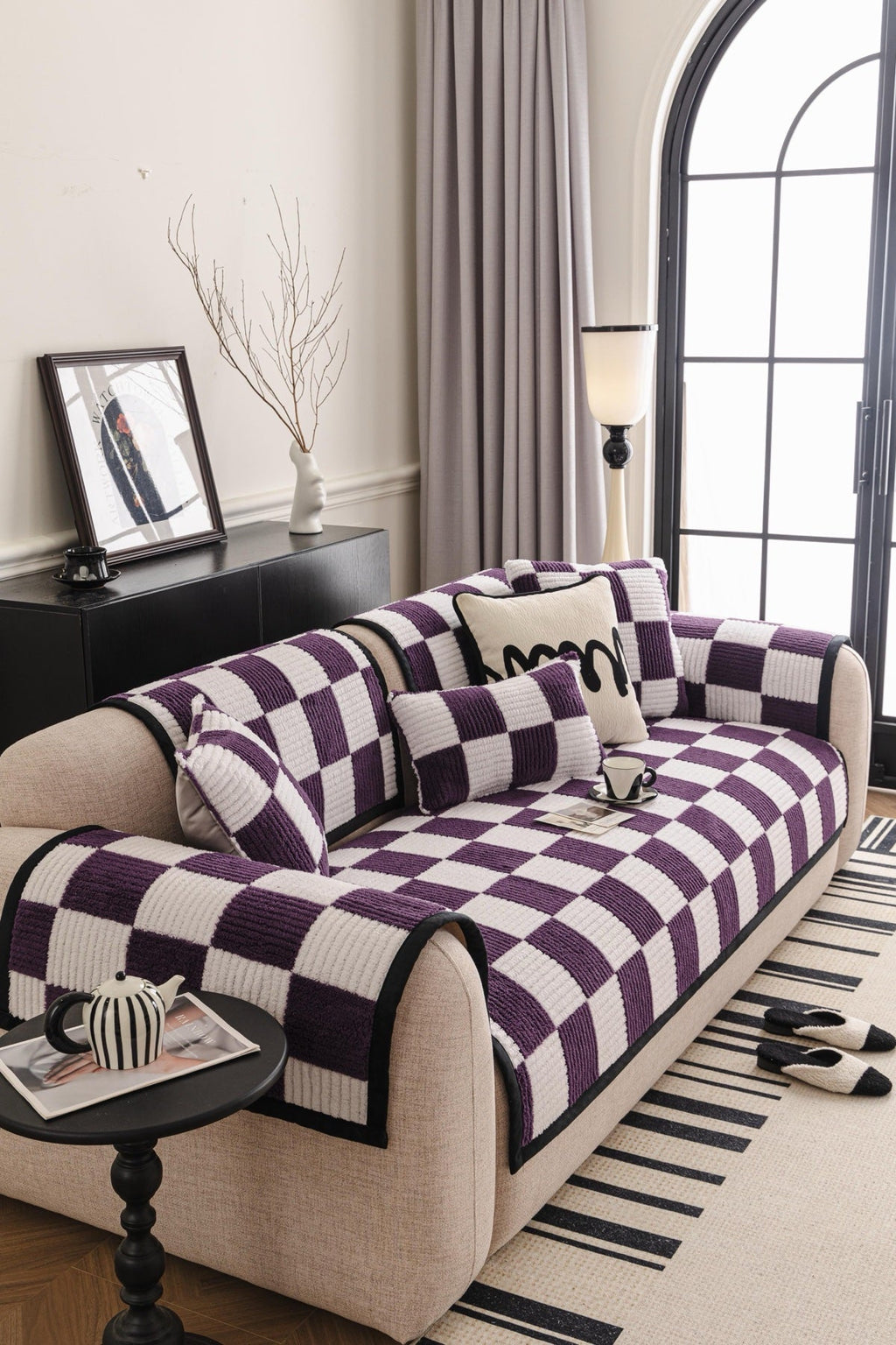 Decor Cedar Palermo Checker Chenille Sofa Cover Piece in Plum Cream - styled checker sofa cover piece for checker chenille sofa cover pieces in United States, image 10