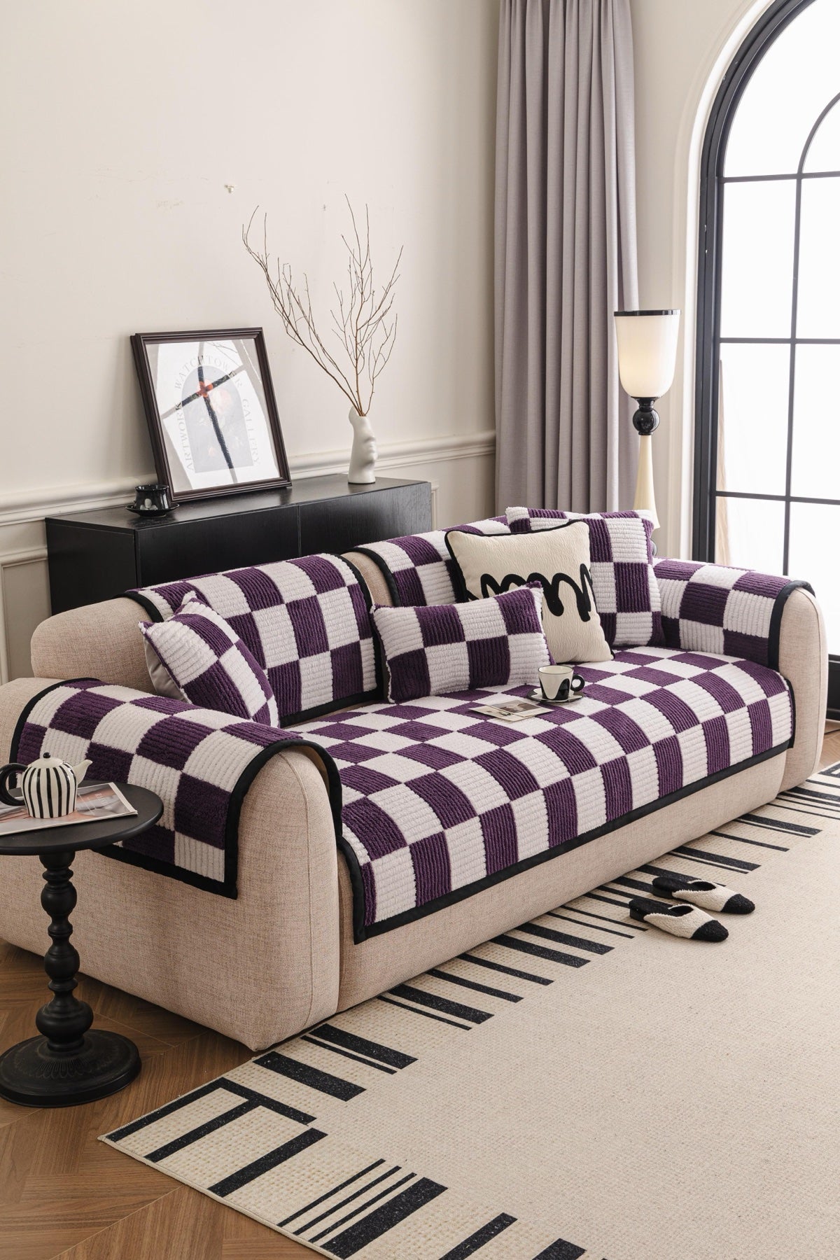 Decor Cedar Palermo Checker Chenille Sofa Cover Piece in Plum Cream - styled checker sofa cover piece for checker chenille sofa cover pieces in United States, image 2