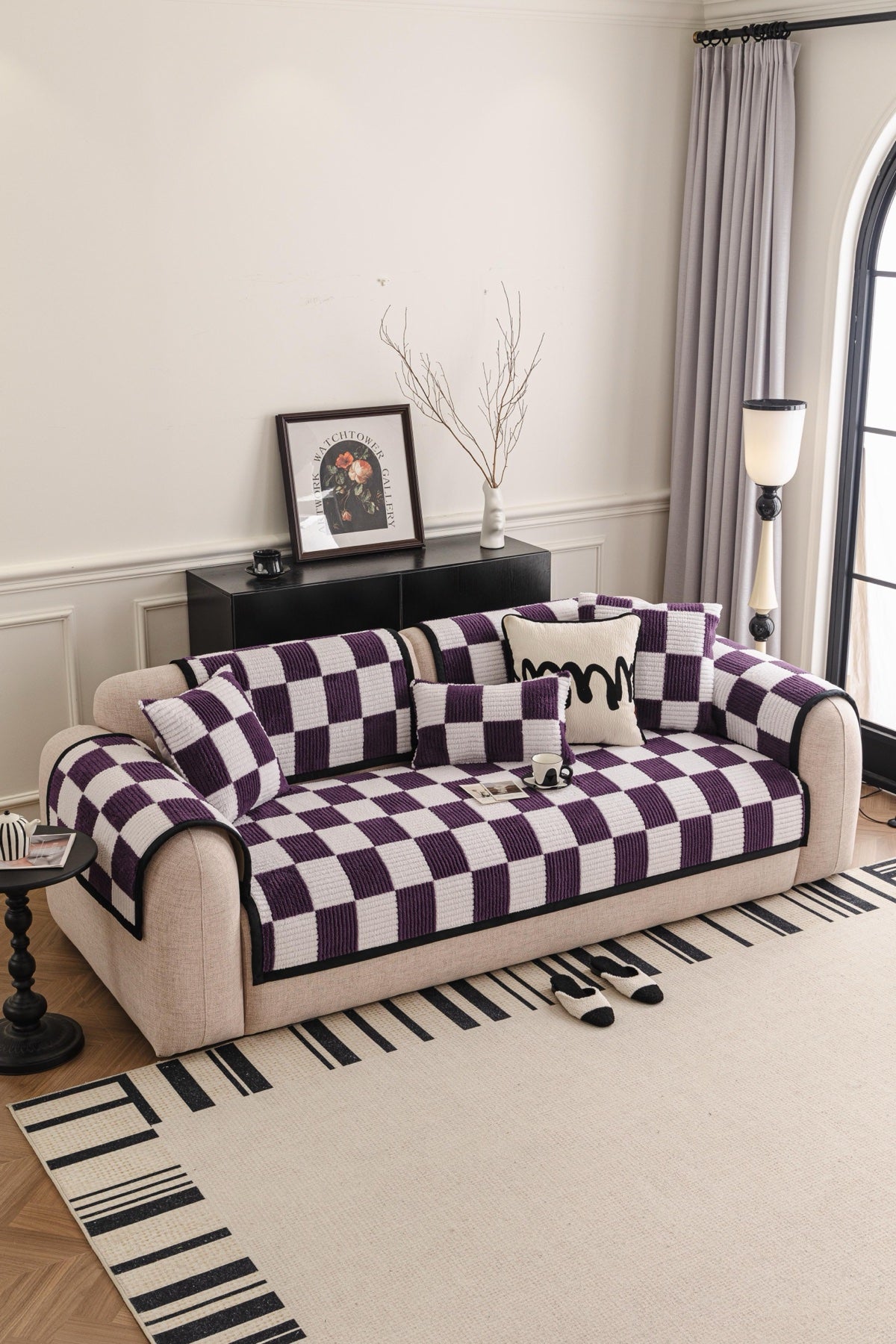 Decor Cedar Palermo Checker Chenille Sofa Cover Piece in Plum Cream - styled checker sofa cover piece for checker chenille sofa cover pieces in United States, image 3