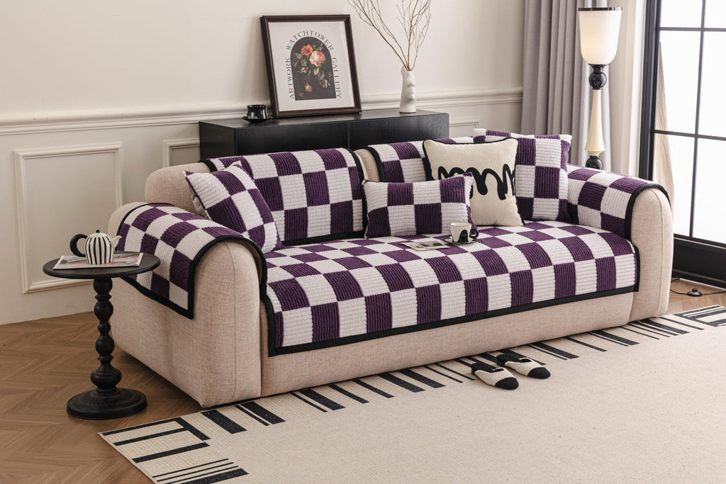 Decor Cedar Palermo Checker Chenille Sofa Cover Piece in Plum Cream - styled checker sofa cover piece for checker chenille sofa cover pieces in United States, image 4
