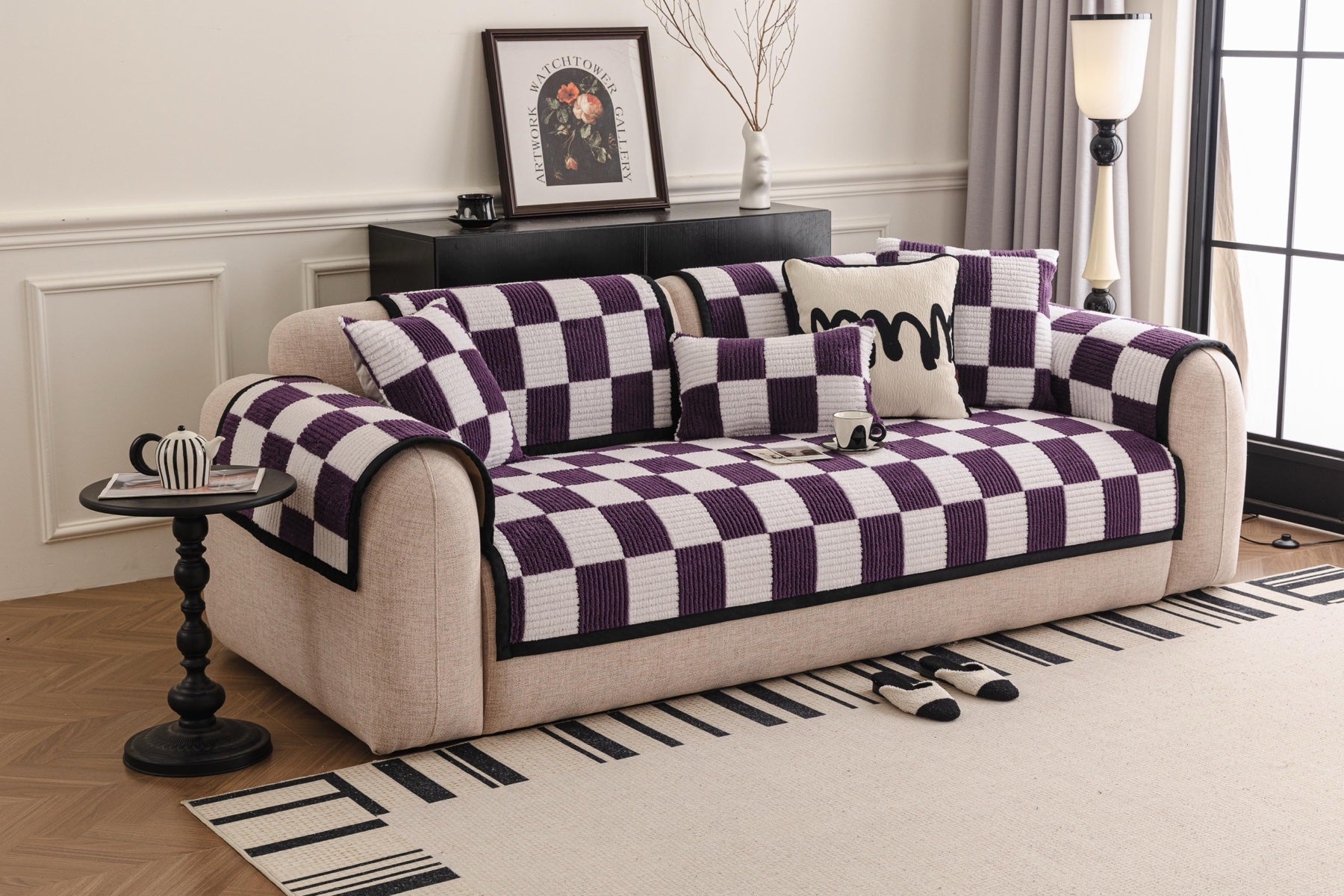 Decor Cedar Palermo Checker Chenille Sofa Cover Piece in Plum Cream - styled checker sofa cover piece for checker chenille sofa cover pieces in United States, image 4