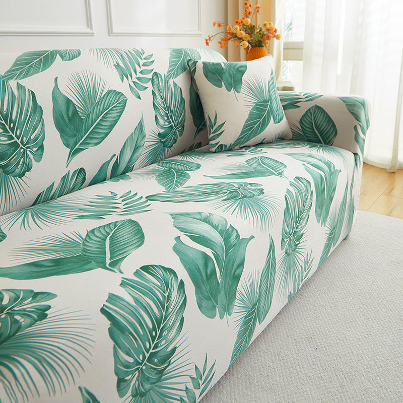 Decor Cedar Palmira Tropical Stretch Sofa Cover lifestyle product image for stretch sofa cover in United States