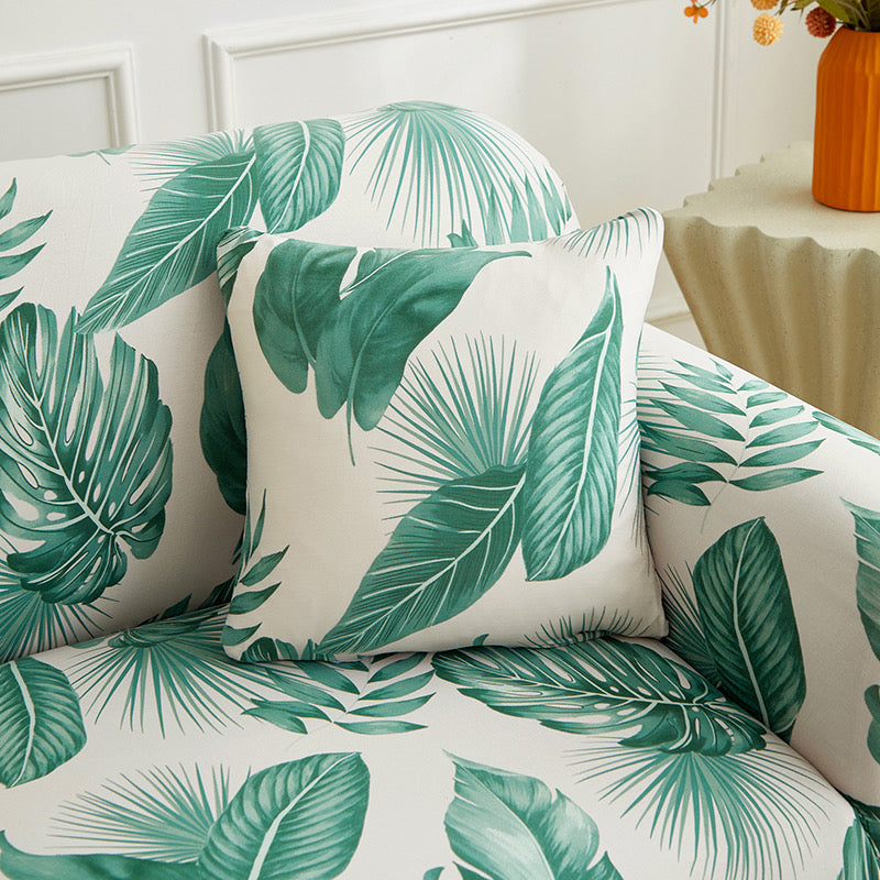Decor Cedar Palmira Tropical Stretch Sofa Cover lifestyle product image for stretch sofa cover in United States