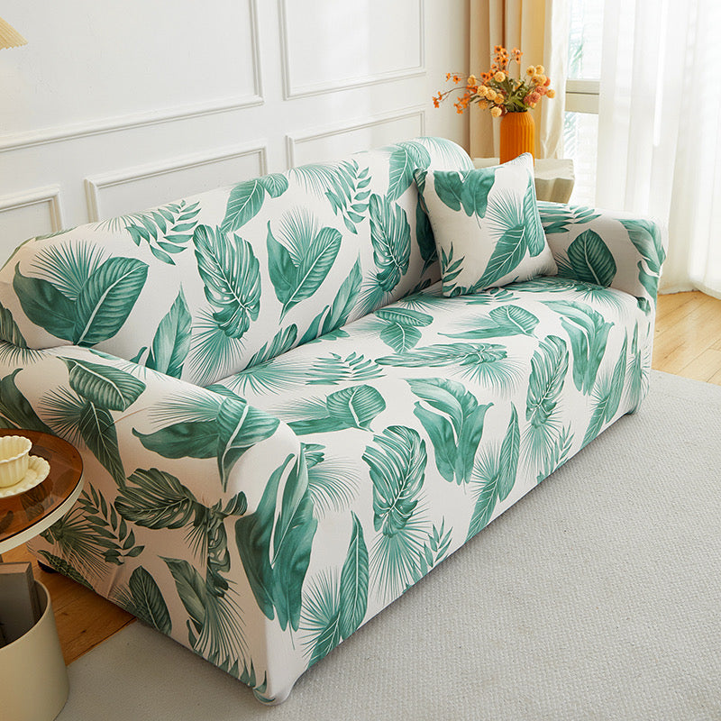Decor Cedar Palmira Tropical Stretch Sofa Cover lifestyle product image for stretch sofa cover in United States