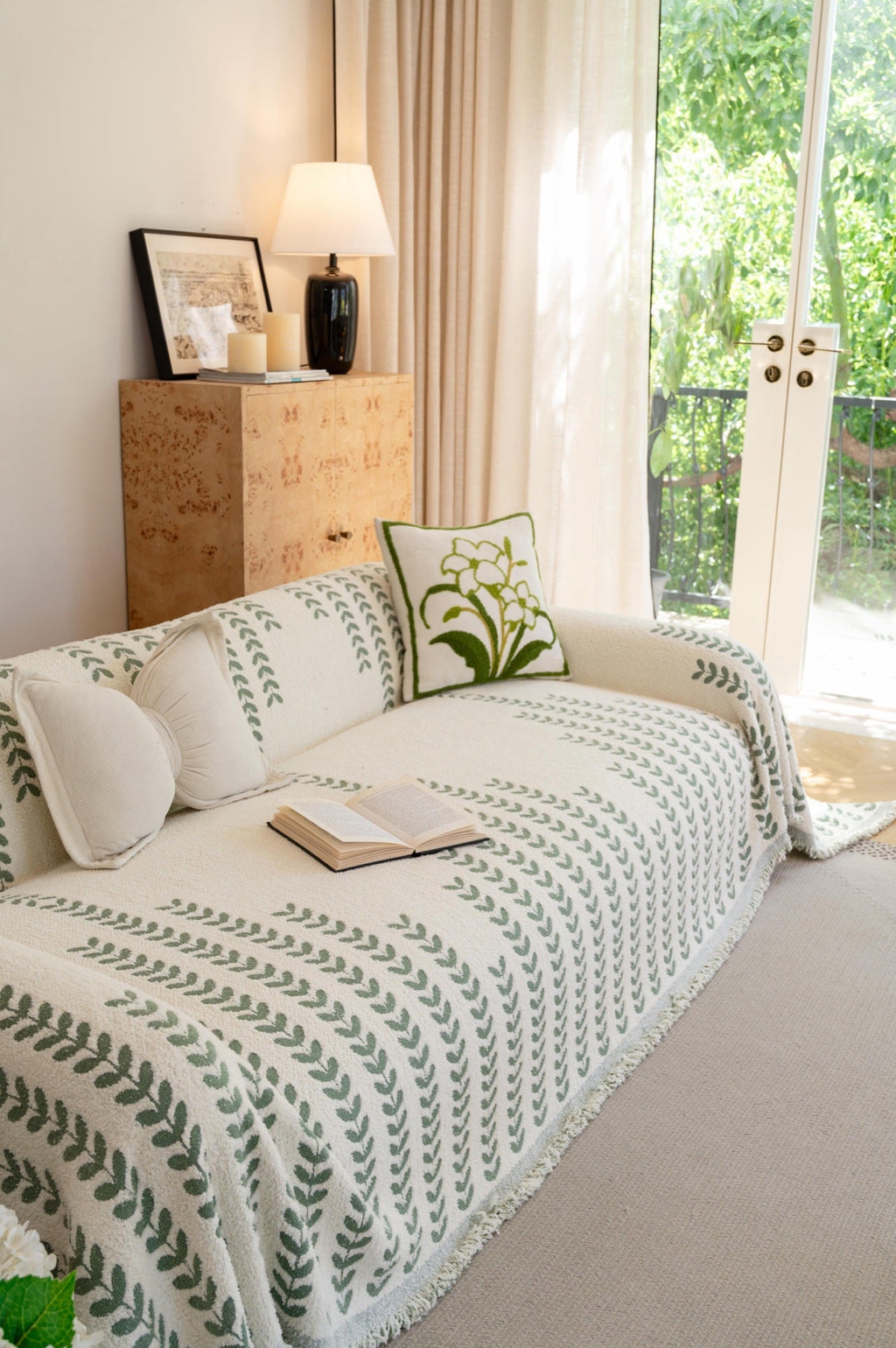 Decor Cedar Palmira Leaf Sofa Throw Cover lifestyle product image for pet friendly sofa throw cover in United States