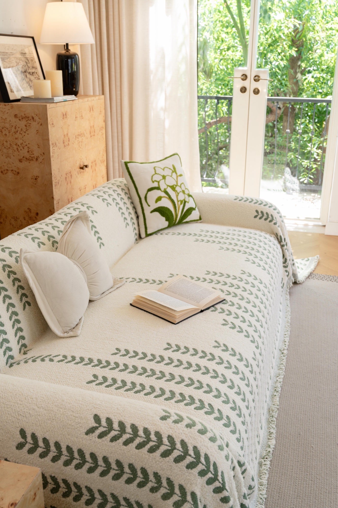 Decor Cedar Palmira Leaf Sofa Throw Cover lifestyle product image for pet friendly sofa throw cover in United States
