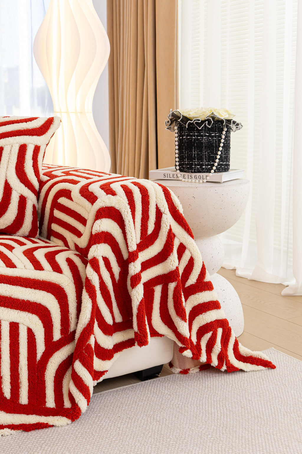 Decor Cedar Riviera Wave Stripe Sofa Cover in Red Cream - styled sofa image for plush patterned couch covers in United States