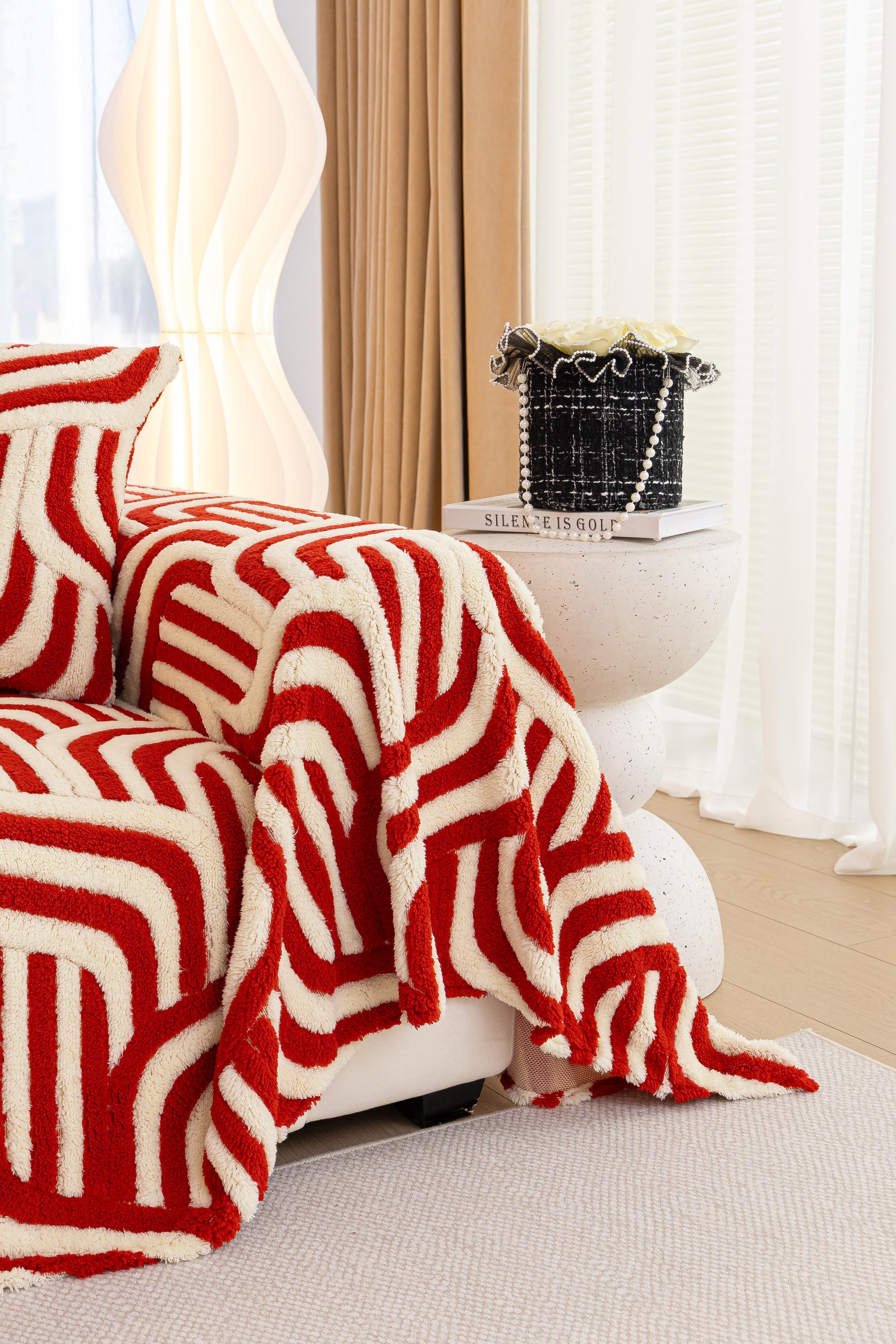 Decor Cedar Riviera Wave Stripe Sofa Cover in Red Cream - styled sofa image for plush patterned couch covers in United States