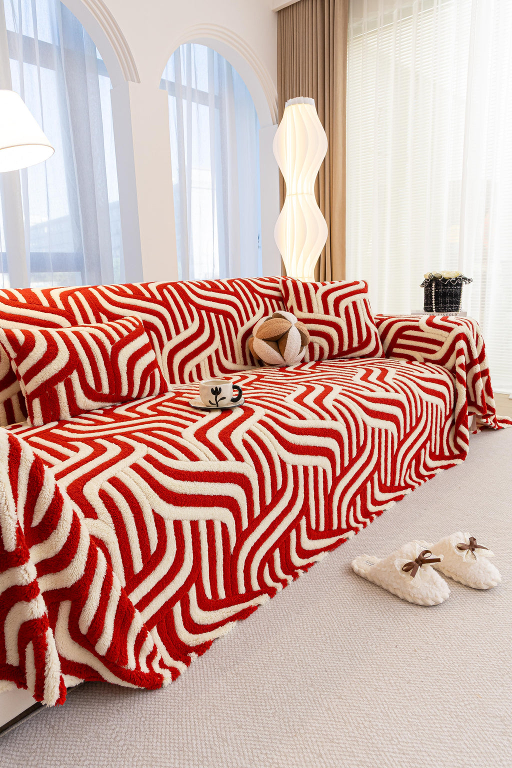 Decor Cedar Riviera Wave Stripe Sofa Cover in Red Cream - styled sofa image for plush patterned couch covers in United States