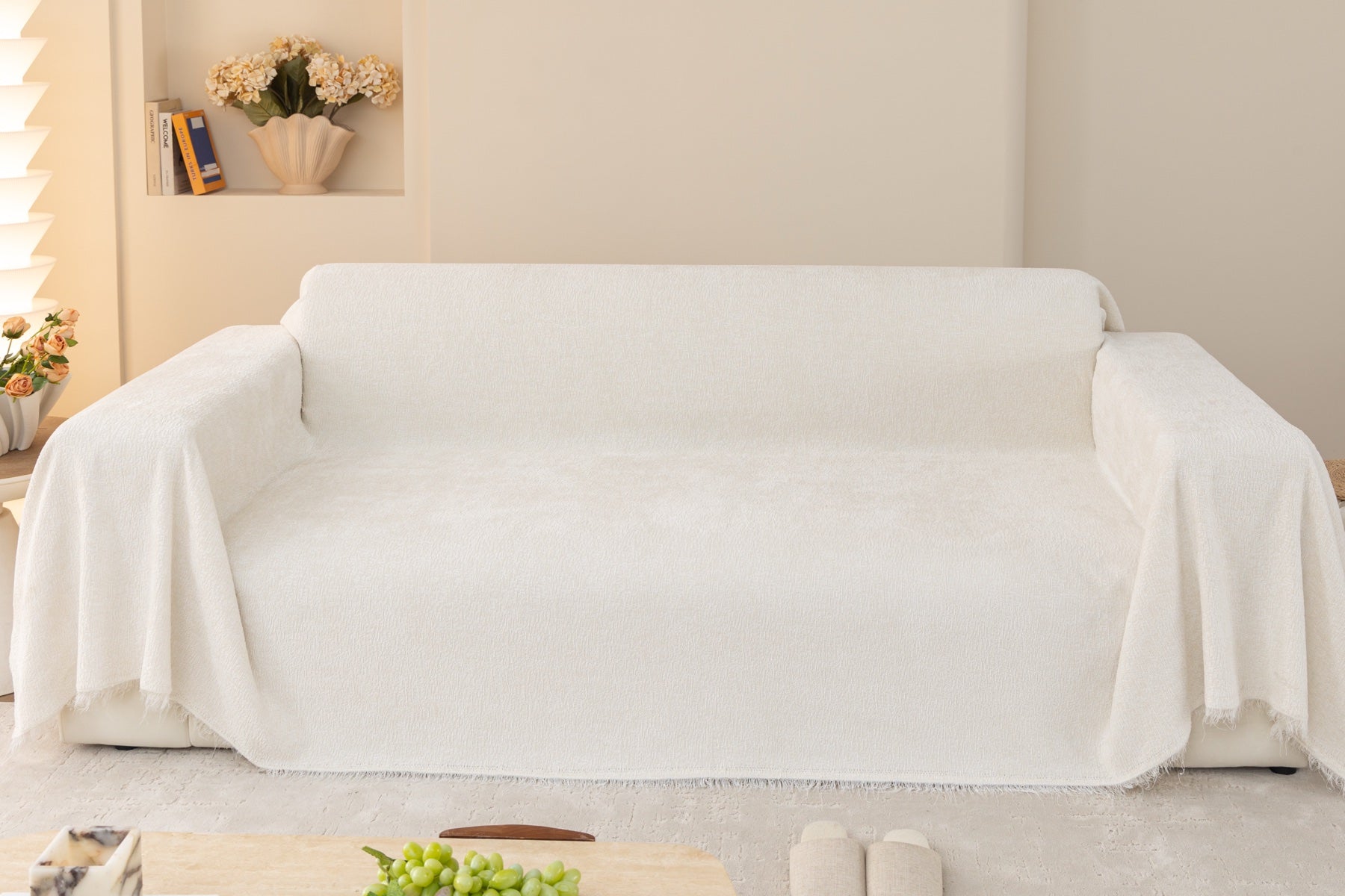 Decor Cedar Solene Textured Chenille Sofa Throw Cover in Cloud White - full sofa throw cover styling for soft chenille couch cover in United States, image 52