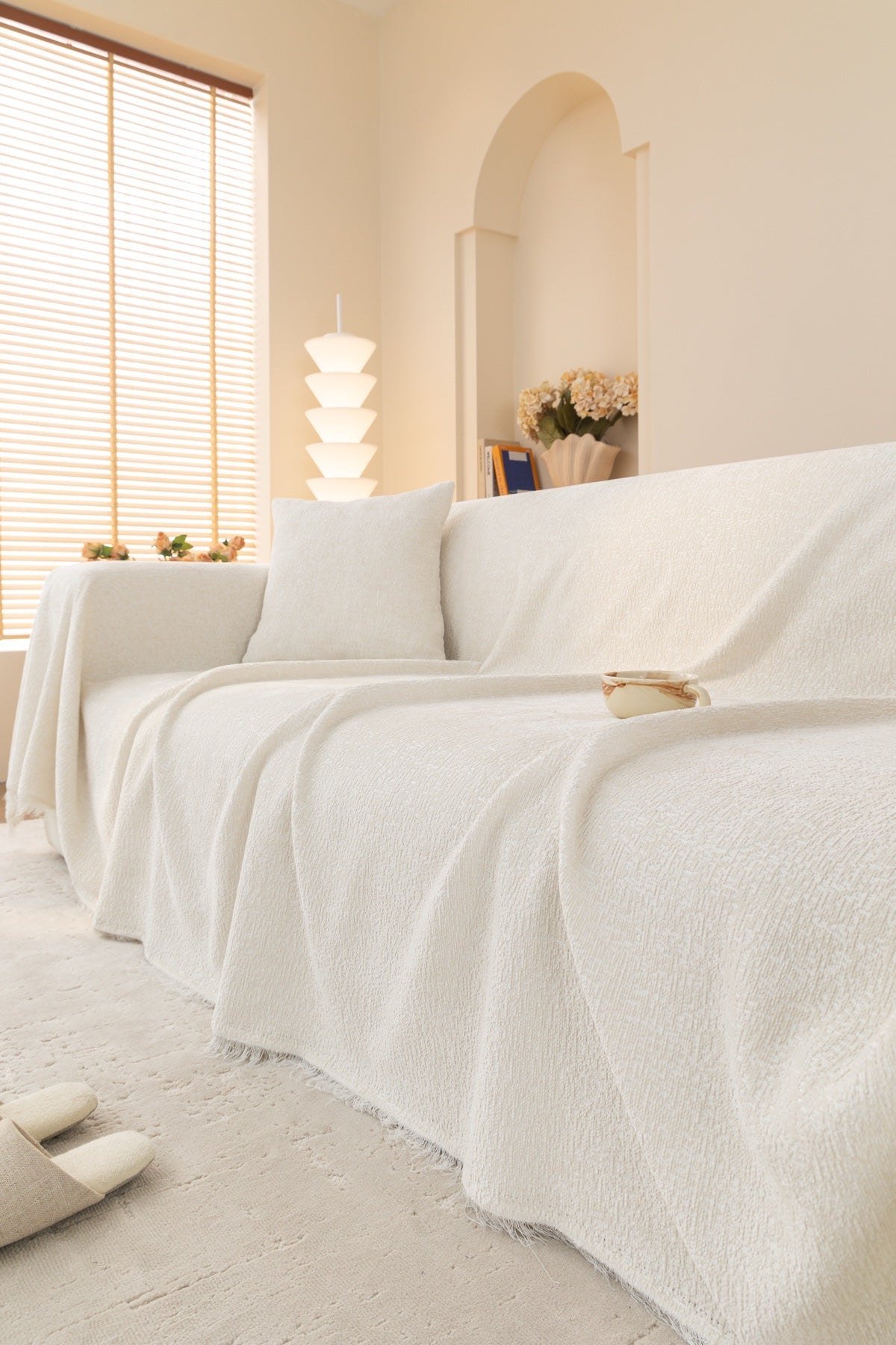 Decor Cedar Solene Textured Chenille Sofa Throw Cover in Cloud White - styled textured sofa throw cover for soft chenille couch cover in United States, image 53