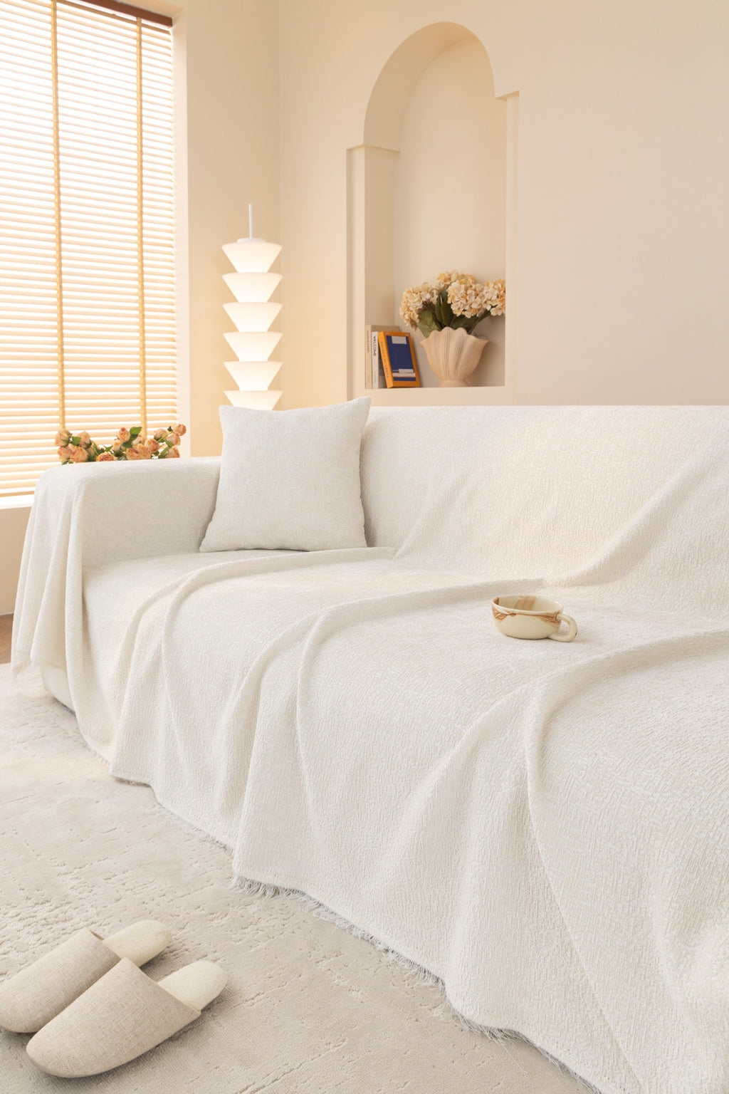 Decor Cedar Solene Textured Chenille Sofa Throw Cover in Cloud White - styled textured sofa throw cover for soft chenille couch cover in United States, image 54