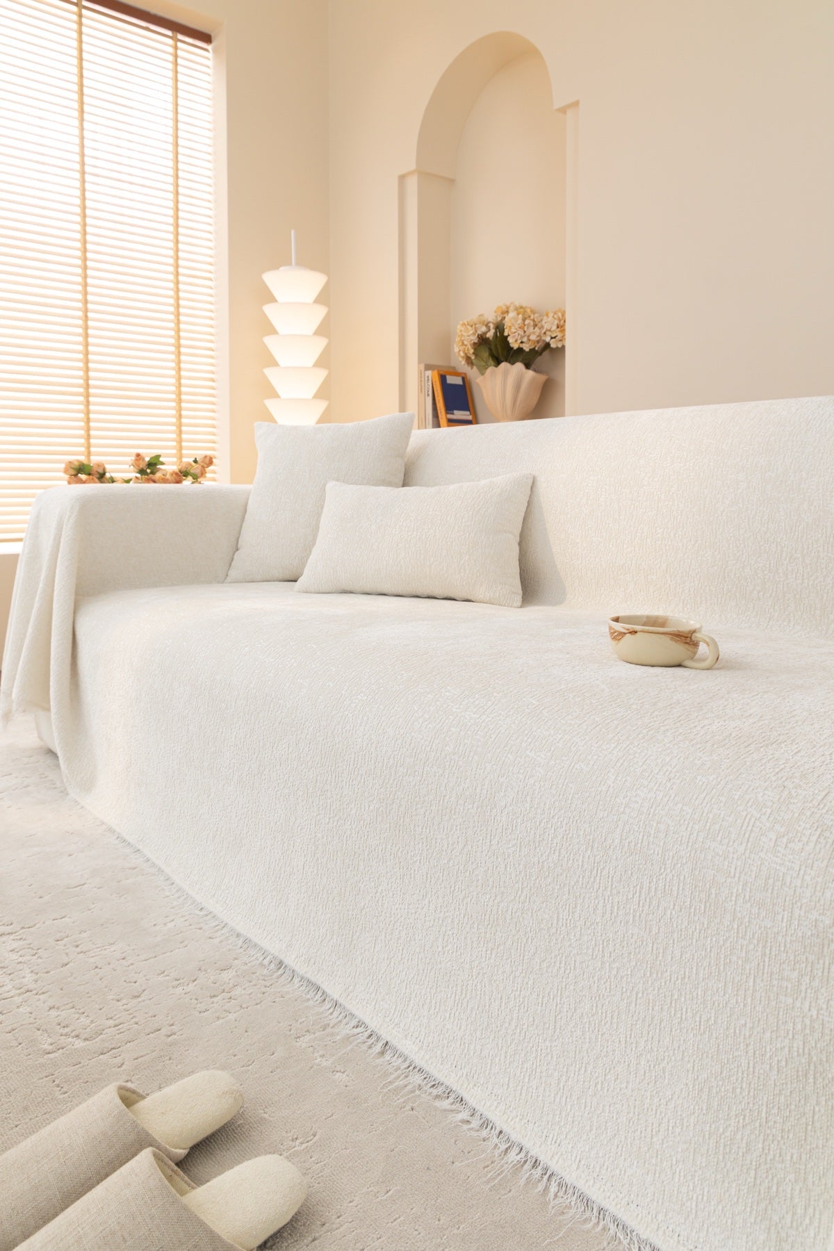 Decor Cedar Solene Textured Chenille Sofa Throw Cover in Cloud White - styled textured sofa throw cover for soft chenille couch cover in United States, image 49