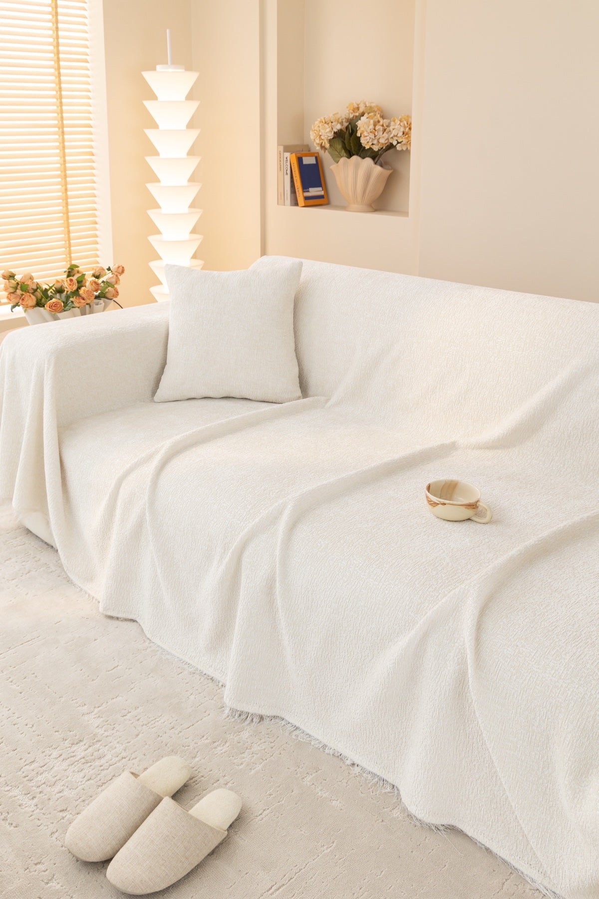 Decor Cedar Solene Textured Chenille Sofa Throw Cover in Cloud White - styled textured sofa throw cover for soft chenille couch cover in United States, image 50