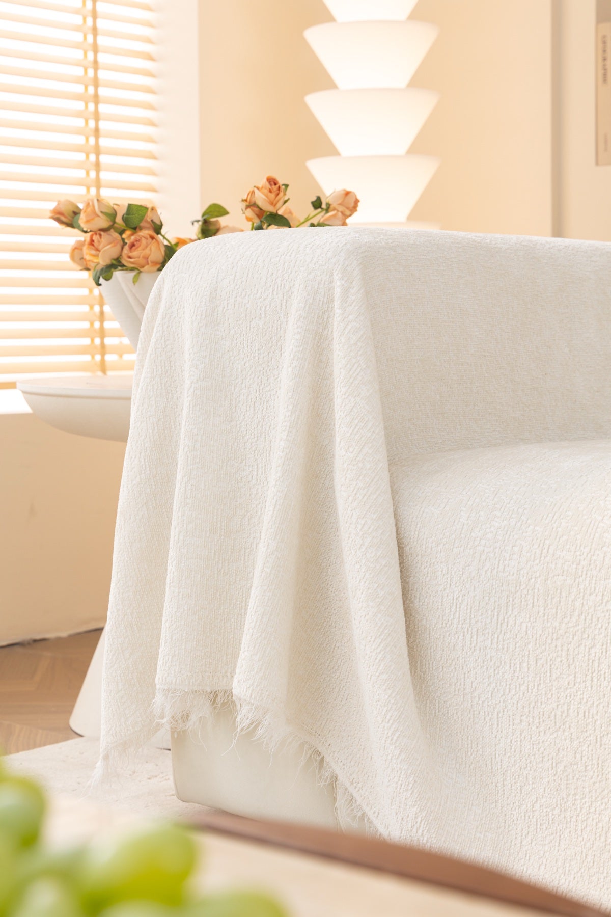 Decor Cedar Solene Textured Chenille Sofa Throw Cover in Cloud White - edge and drape closeup for soft chenille couch cover in United States, image 51