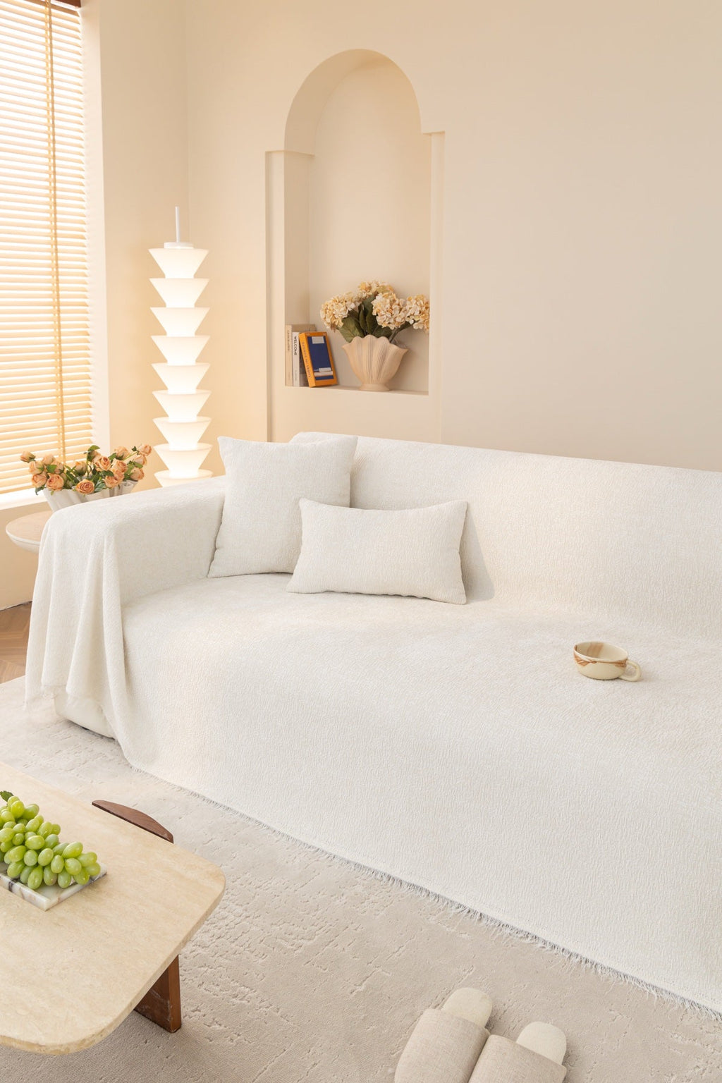 Decor Cedar Solene Textured Chenille Sofa Throw Cover in Cloud White - full sofa throw cover styling for soft chenille couch cover in United States, image 46