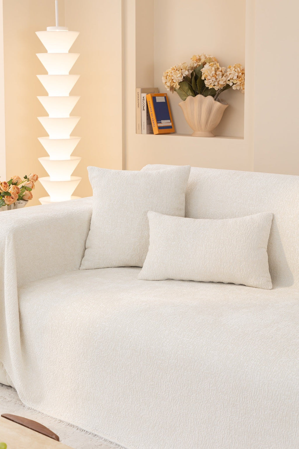 Decor Cedar Solene Textured Chenille Sofa Throw Cover in Cloud White - styled textured sofa throw cover for soft chenille couch cover in United States, image 47