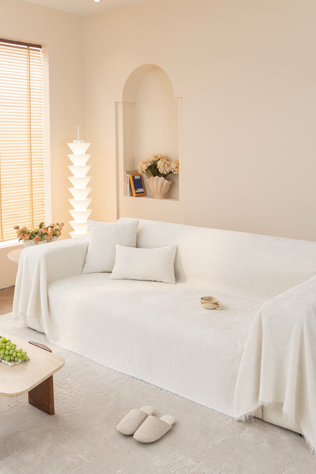 Decor Cedar Solene Textured Chenille Sofa Throw Cover in Cloud White - styled textured sofa throw cover for soft chenille couch cover in United States, image 44