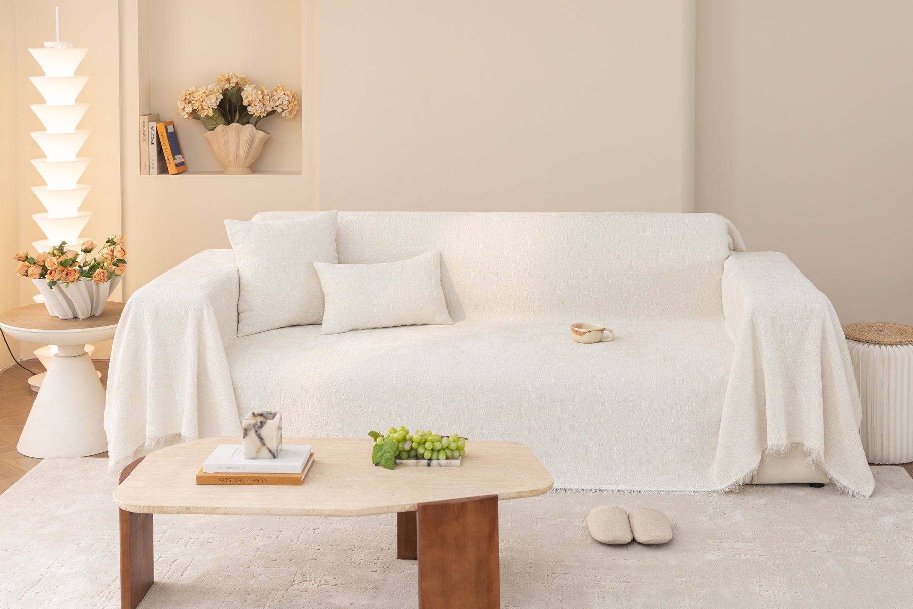 Decor Cedar Solene Textured Chenille Sofa Throw Cover in Cloud White - full sofa throw cover styling for soft chenille couch cover in United States, image 41