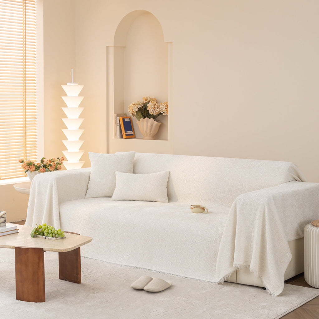 Decor Cedar Solene Textured Chenille Sofa Throw Cover in Cloud White - full sofa throw cover styling for soft chenille couch cover in United States, image 42