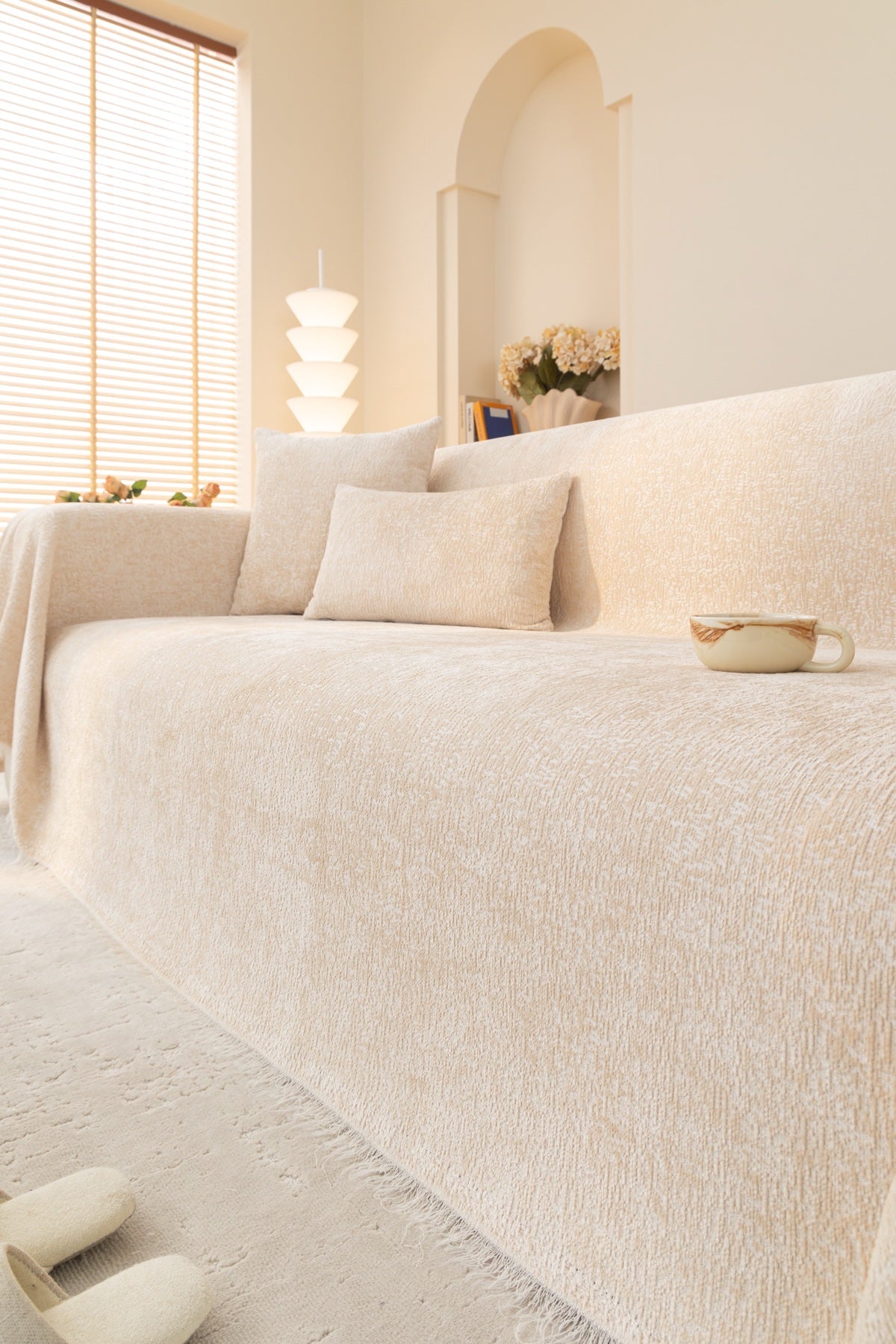 Decor Cedar Solene Textured Chenille Sofa Throw Cover in Ivory Cream - styled textured sofa throw cover for soft chenille couch cover in United States, image 5