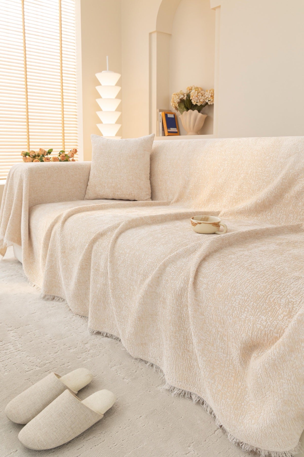Decor Cedar Solene Textured Chenille Sofa Throw Cover in Ivory Cream - styled textured sofa throw cover for soft chenille couch cover in United States, image 7
