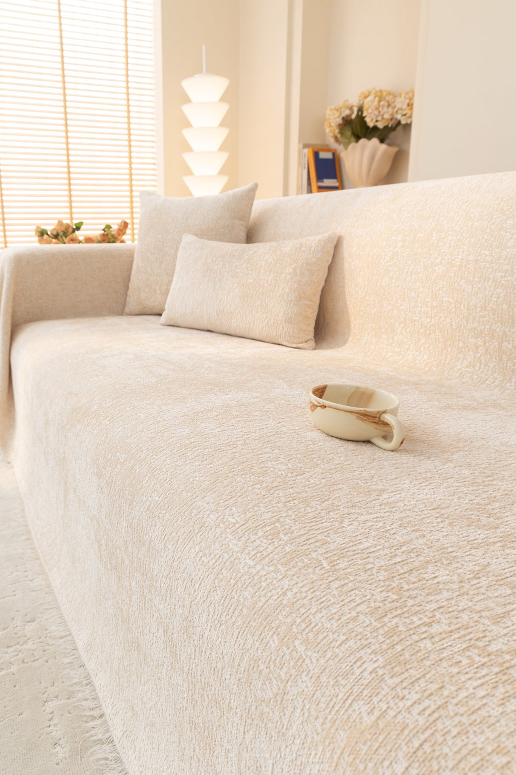 Decor Cedar Solene Textured Chenille Sofa Throw Cover in Ivory Cream - styled textured sofa throw cover for soft chenille couch cover in United States, image 6