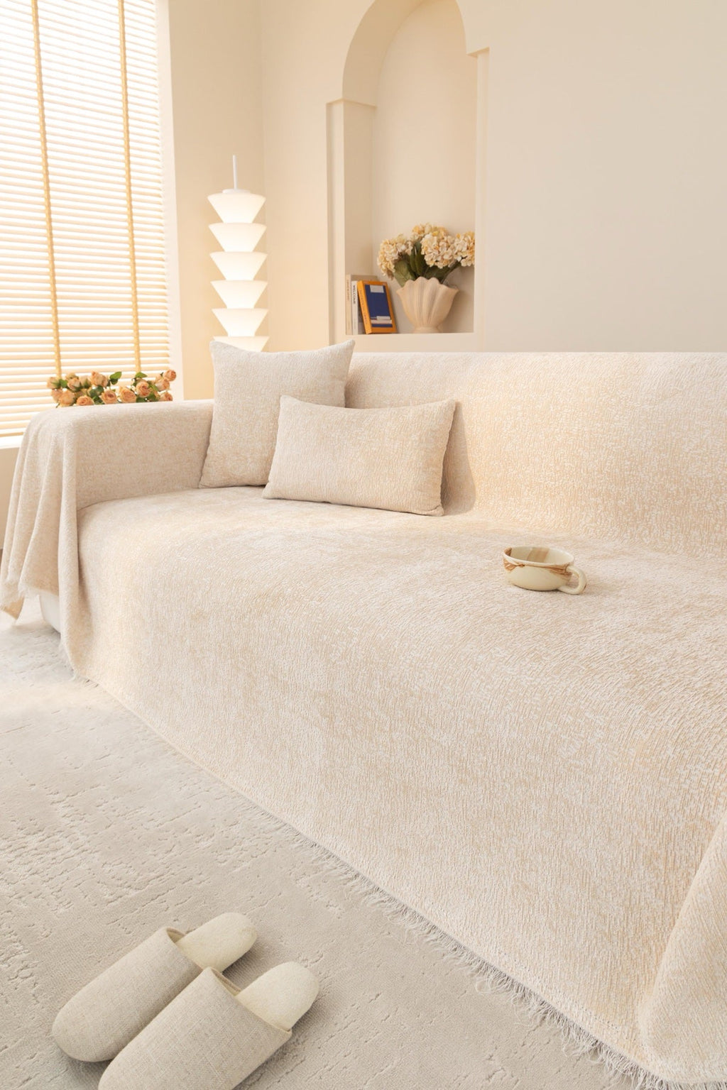 Decor Cedar Solene Textured Chenille Sofa Throw Cover in Ivory Cream - styled textured sofa throw cover for soft chenille couch cover in United States, image 4