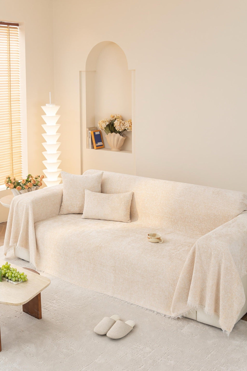 Decor Cedar Solene Textured Chenille Sofa Throw Cover in Ivory Cream - styled textured sofa throw cover for soft chenille couch cover in United States, image 3