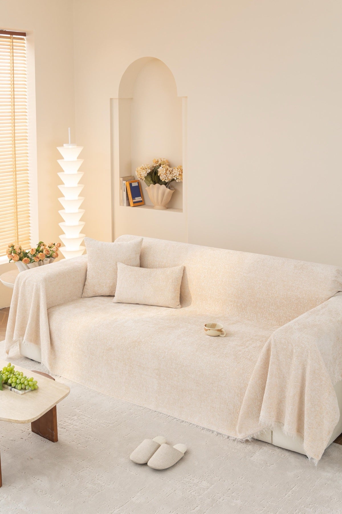 Decor Cedar Solene Textured Chenille Sofa Throw Cover in Ivory Cream - styled textured sofa throw cover for soft chenille couch cover in United States, image 3