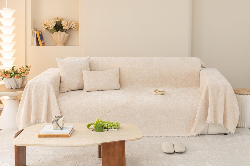 Decor Cedar Solene Textured Chenille Sofa Throw Cover in Ivory Cream - full sofa throw cover styling for soft chenille couch cover in United States, image 2