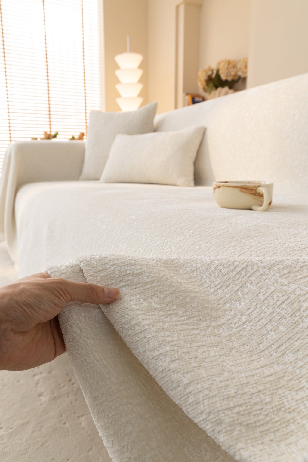 Decor Cedar Solene Textured Chenille Sofa Throw Cover in Ivory Cream - soft chenille texture detail for soft chenille couch cover in United States, image 9