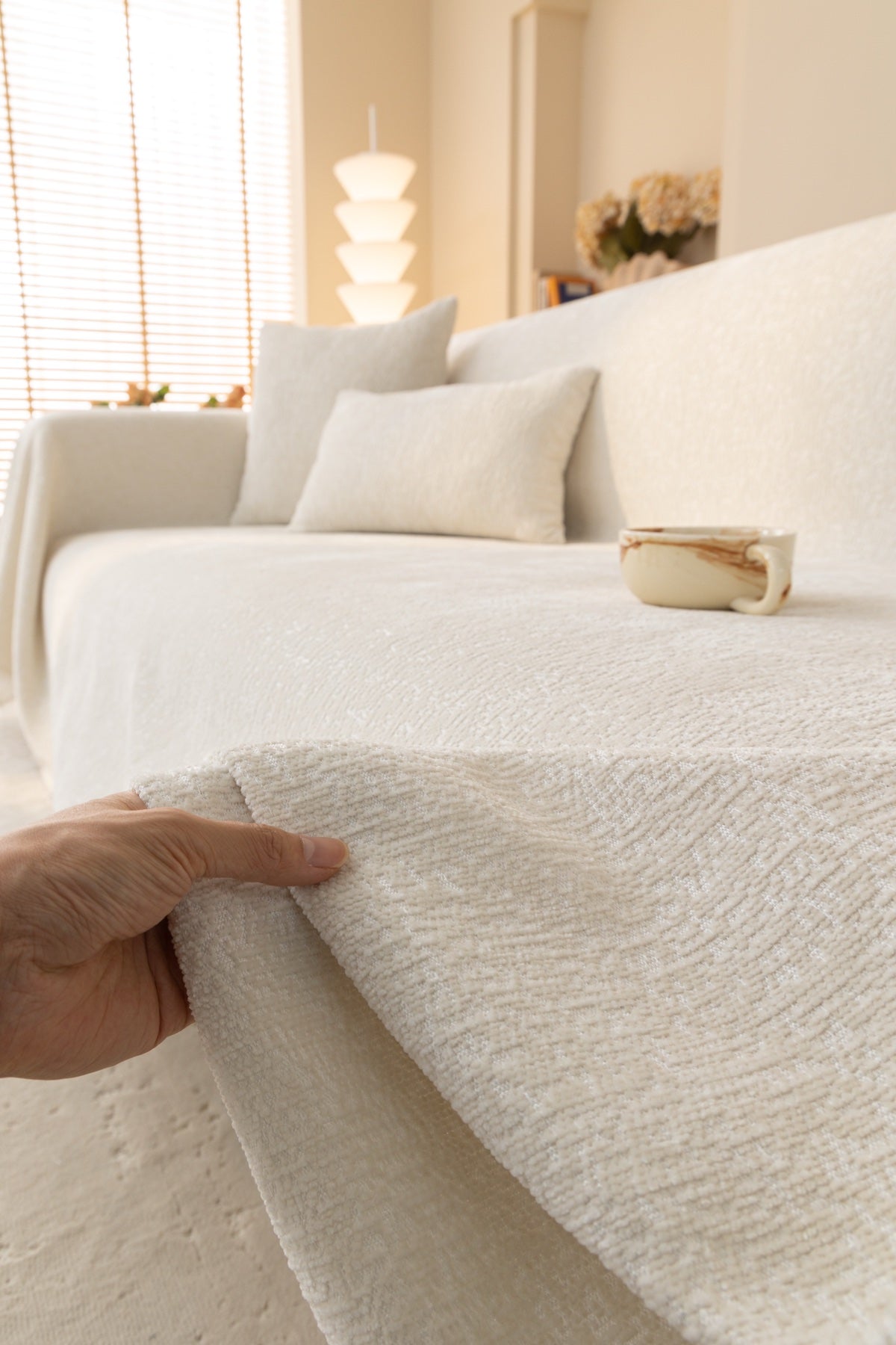 Decor Cedar Solene Textured Chenille Sofa Throw Cover in Ivory Cream - soft chenille texture detail for soft chenille couch cover in United States, image 9