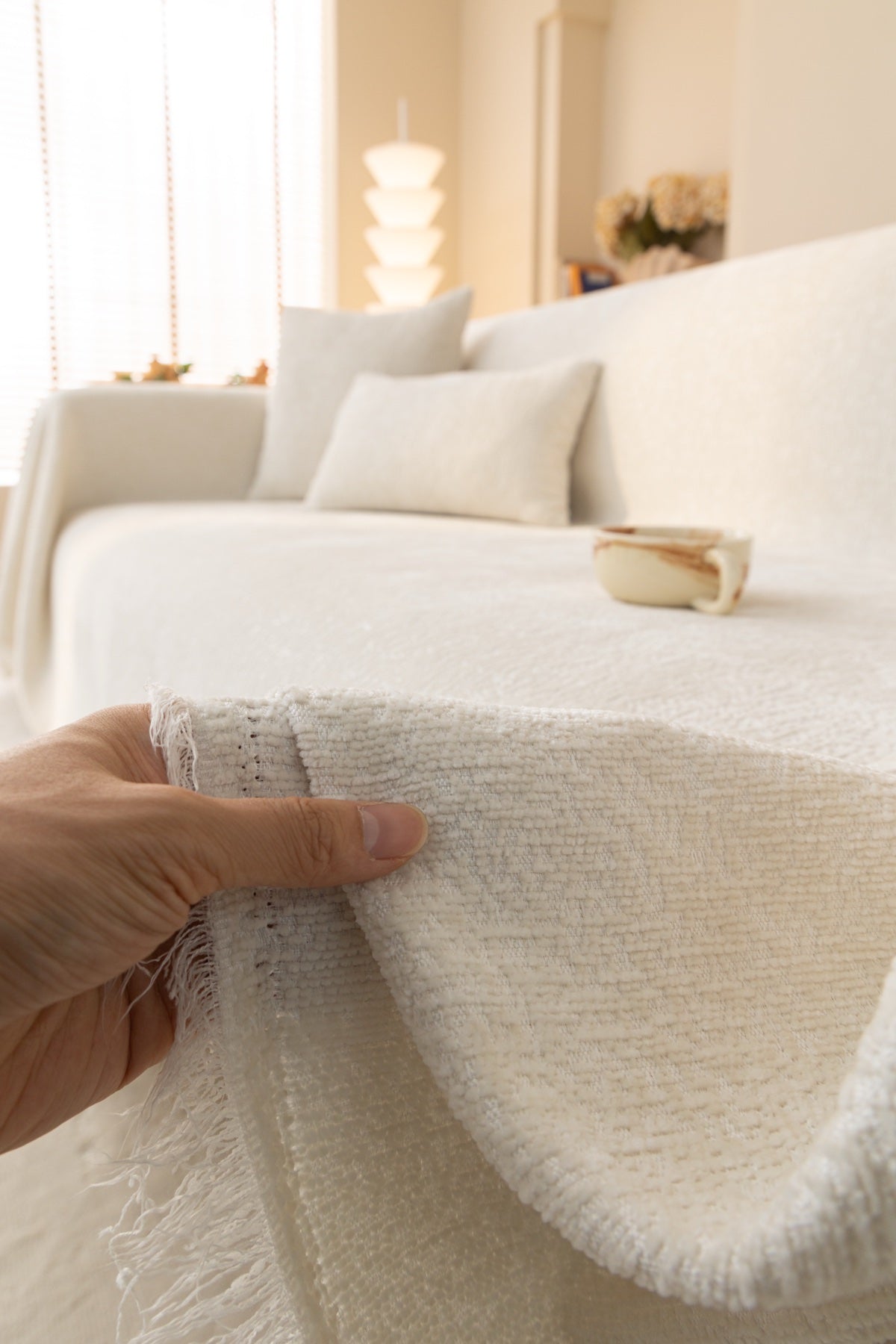 Decor Cedar Solene Textured Chenille Sofa Throw Cover in Ivory Cream - soft chenille texture detail for soft chenille couch cover in United States, image 10